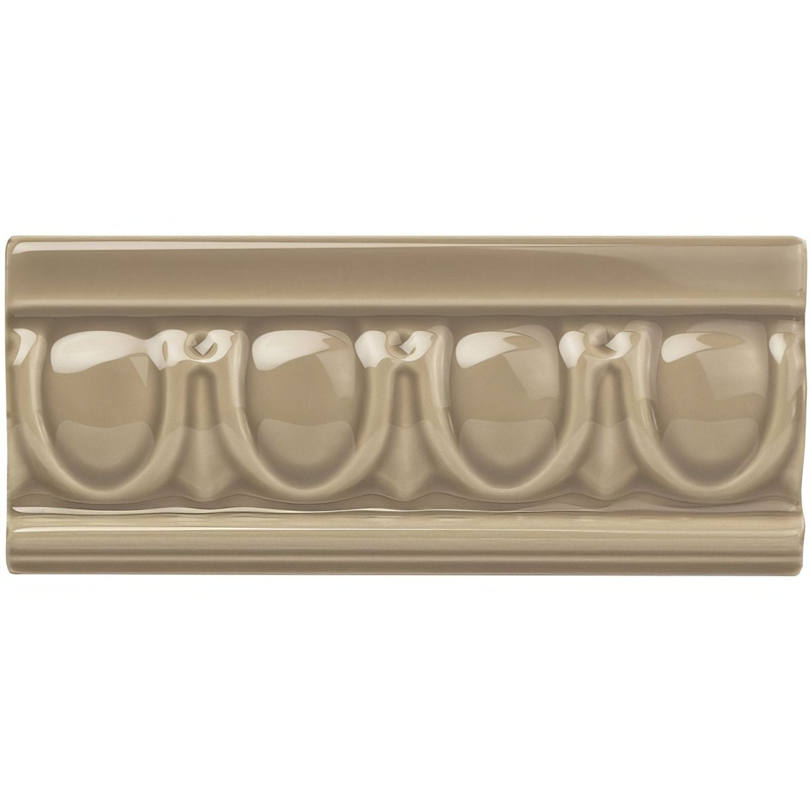Beige ceramic tile with a glossy finish and ornate repeating scrollwork from palladian beige egg and dart moulding