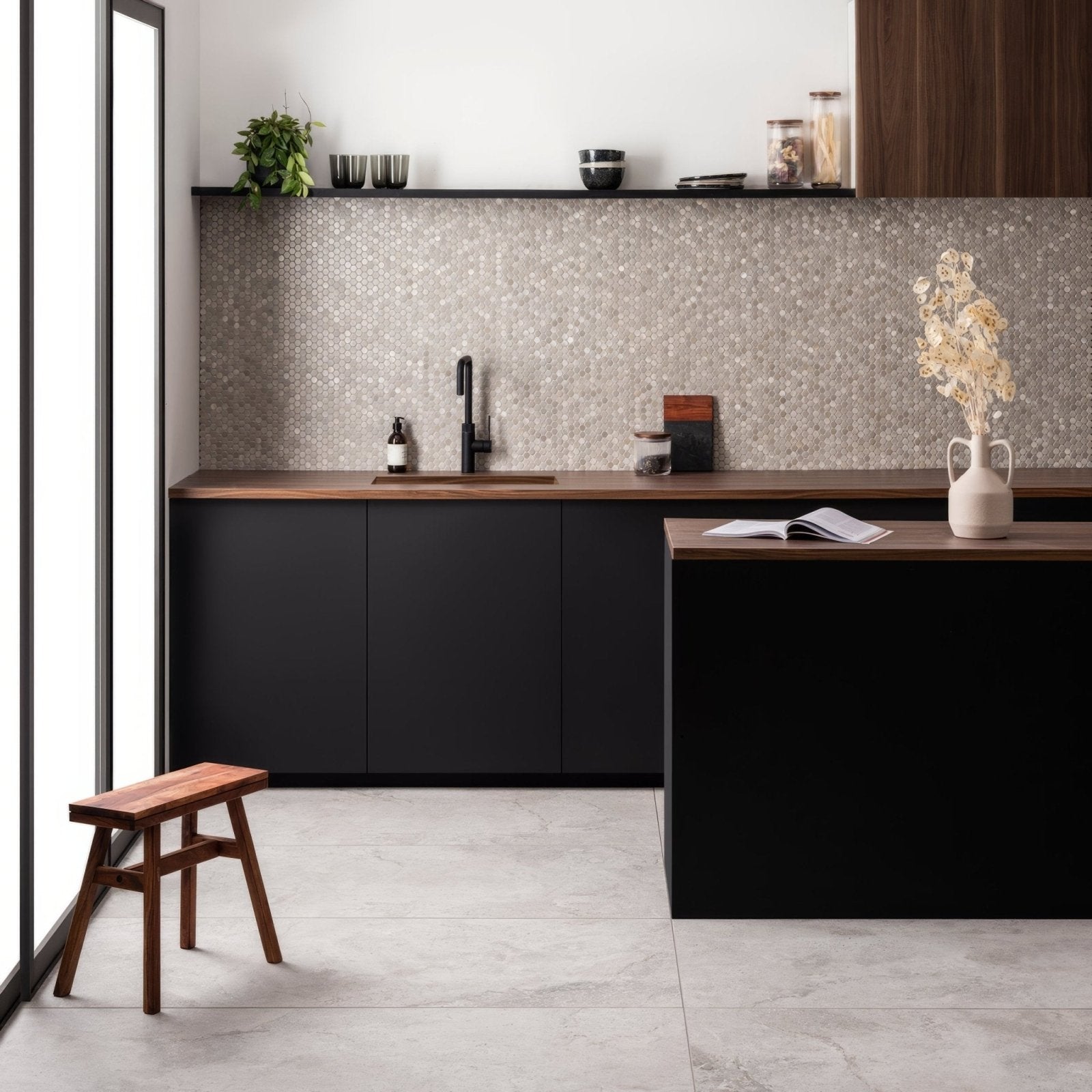 Pallene Gold Mixed Finish Penny Round gold penny round mosaic with black kitchen cabinets
