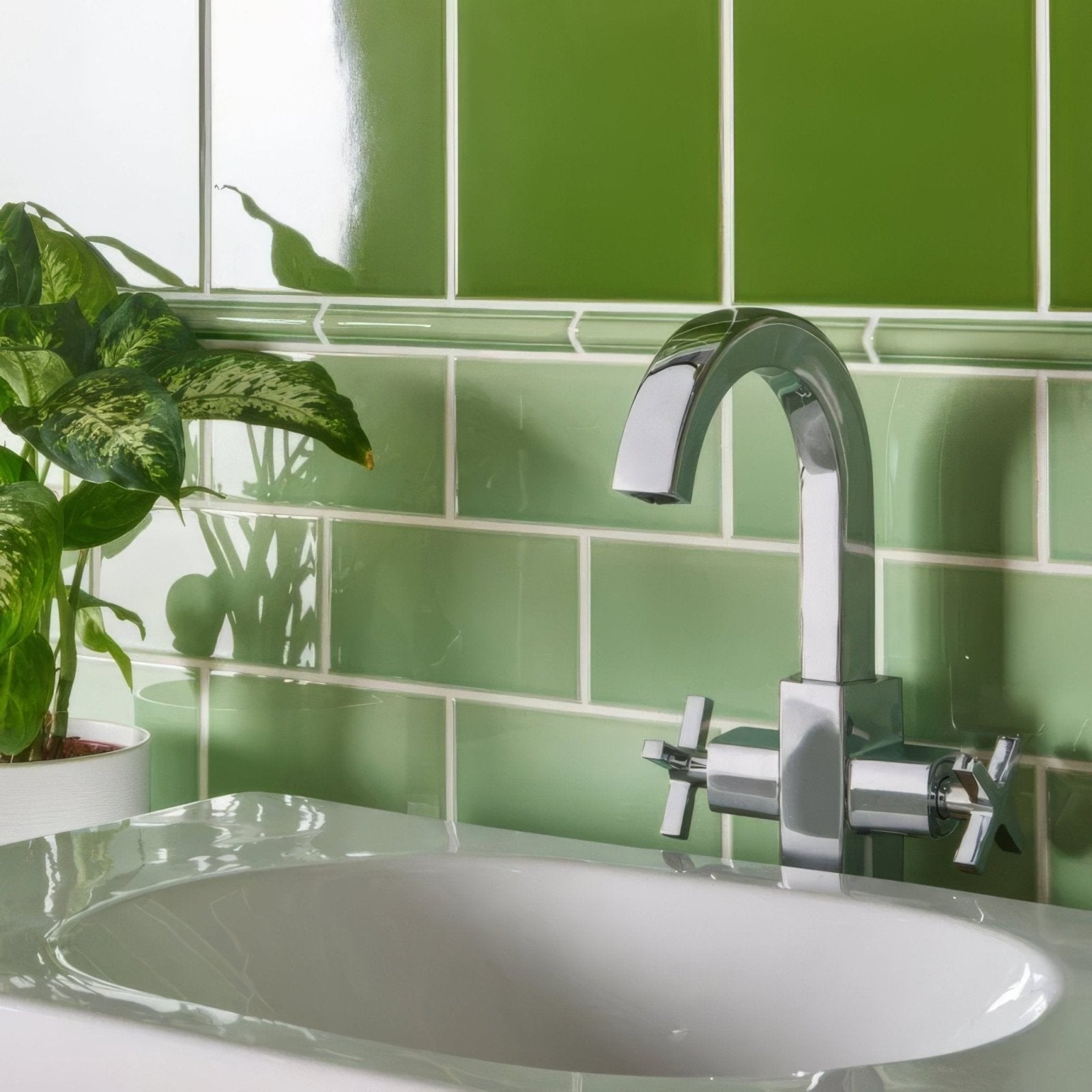 Chrome-finished faucet with sleek curved spout and cross handle controls pictured with palm green astragal moulding