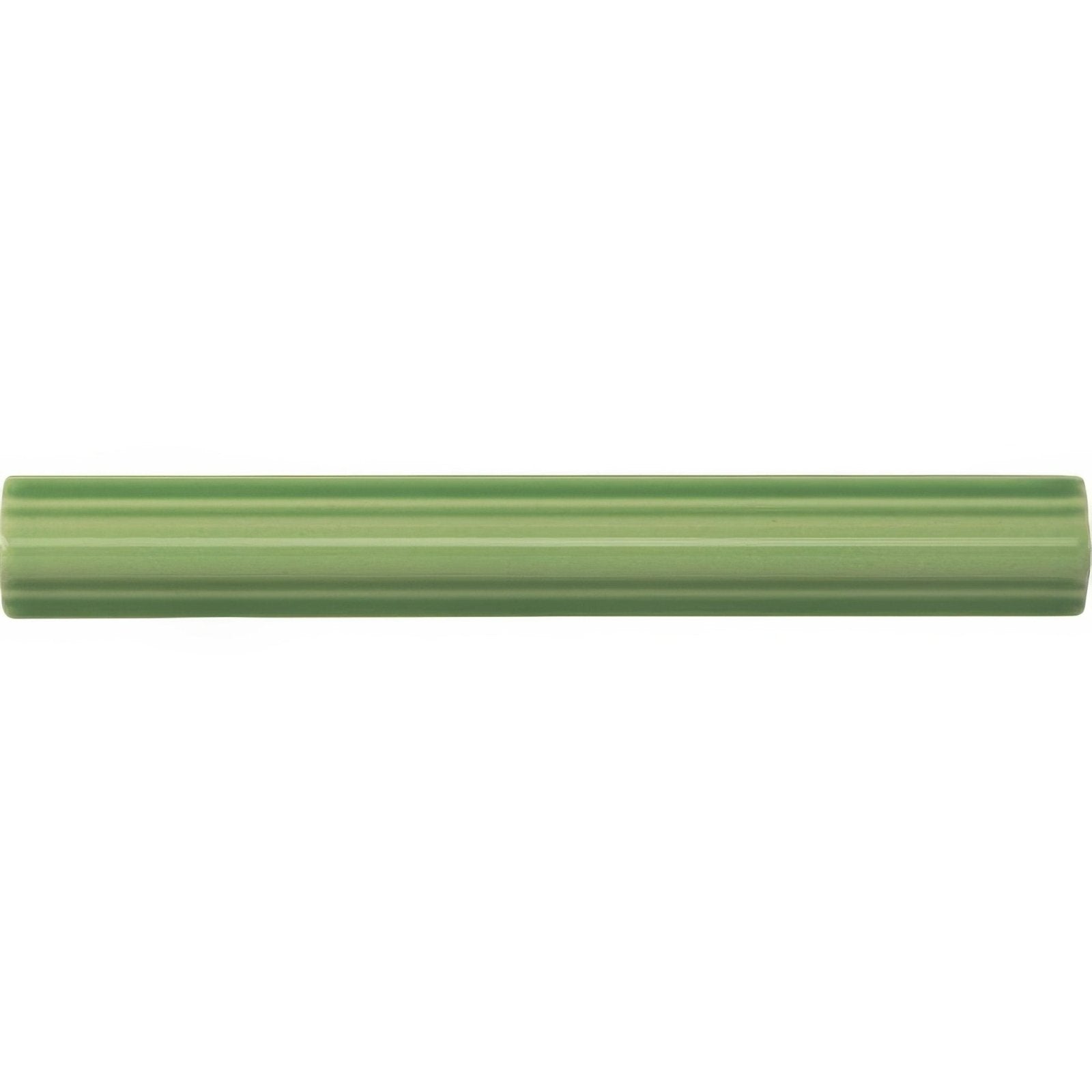 A sleek matte-finished sage green ceramic palm green astragal moulding tile with subtle horizontal ridges