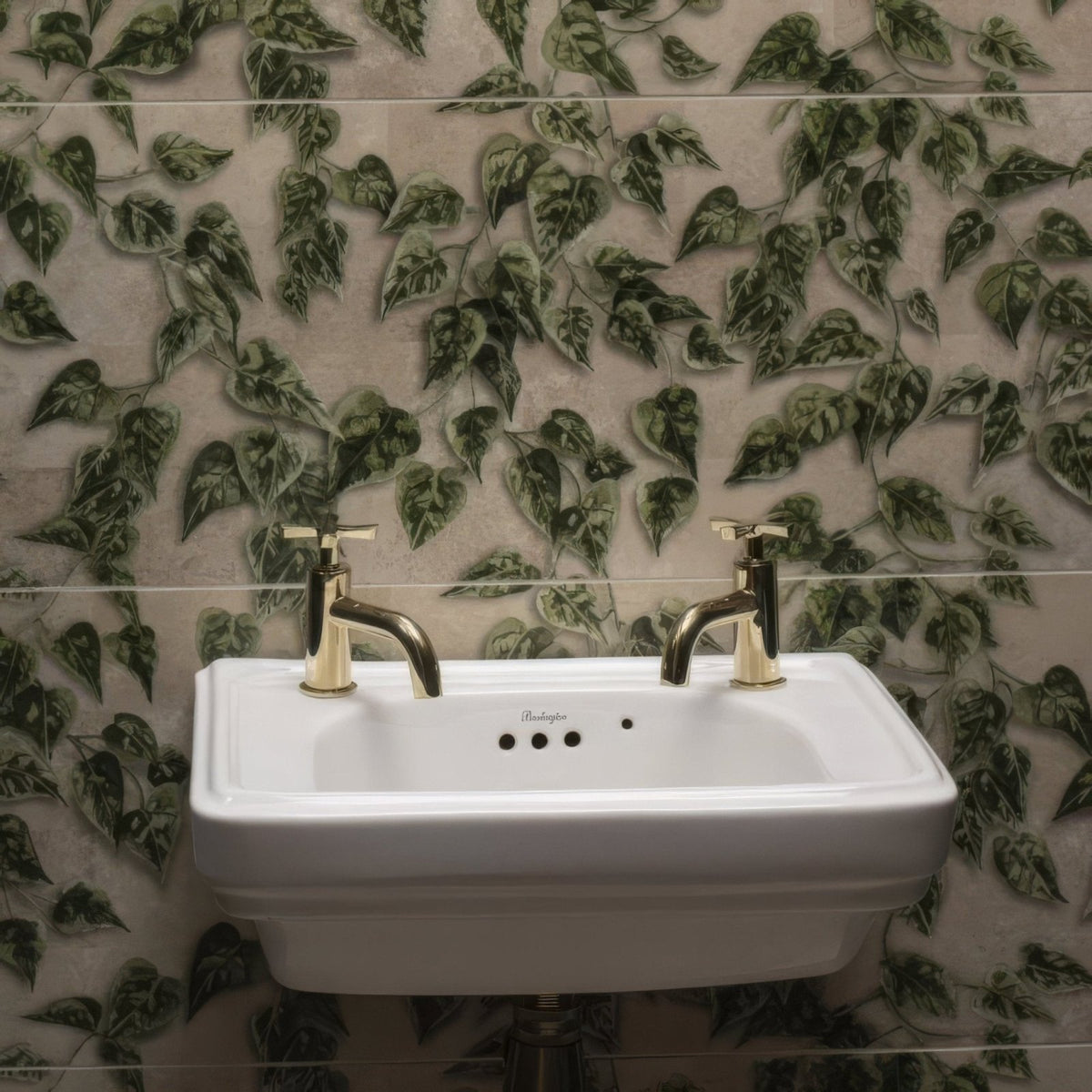 White ceramic wall-mounted palm house ivy single tile sink with two gold-toned faucets