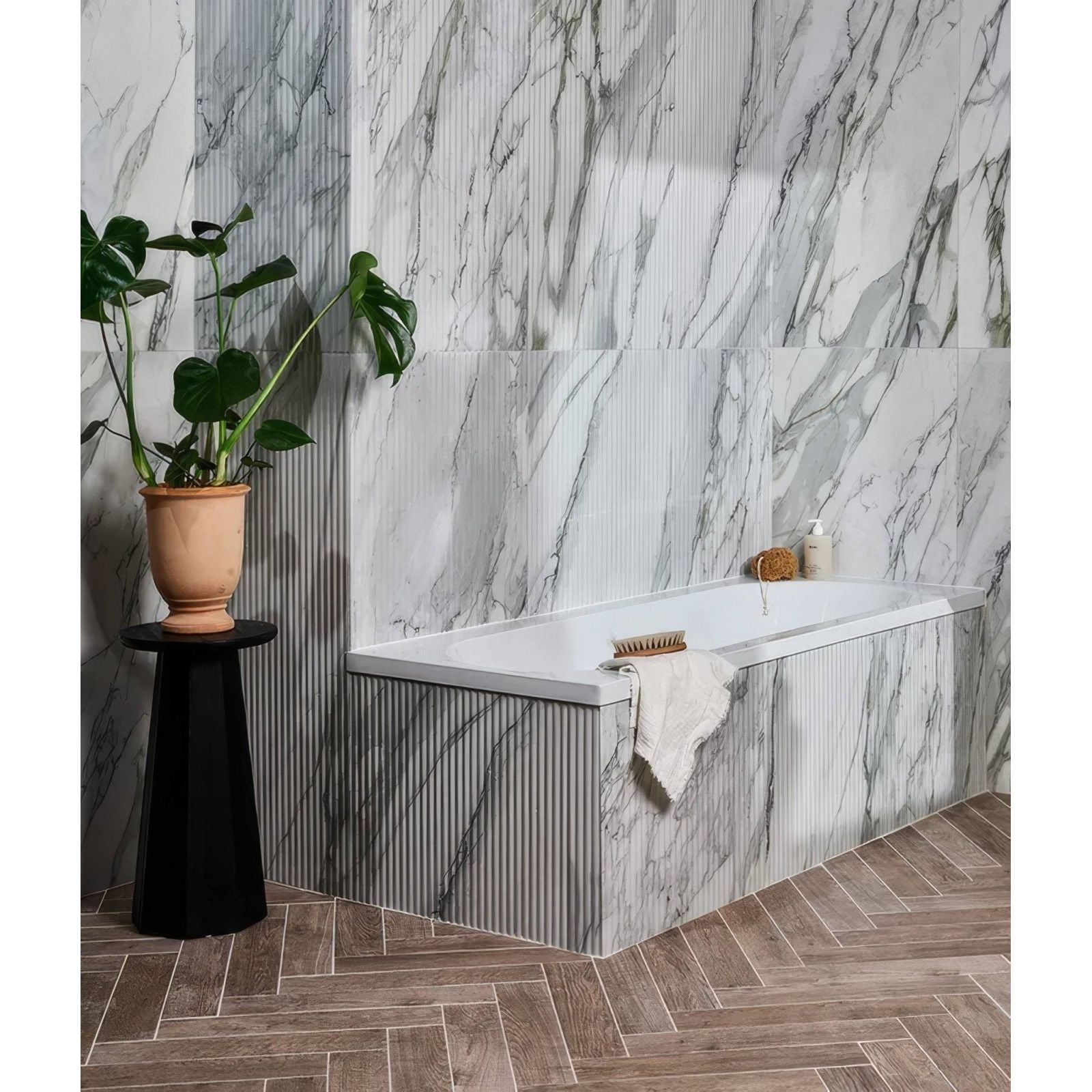 Palm Springs Porcelain Cerulean Fluted in a bathroom setting (2)