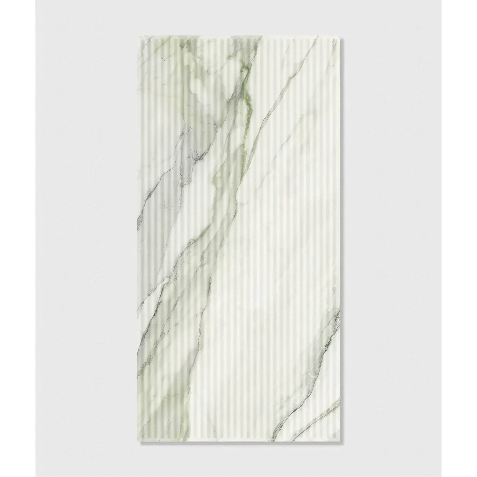 Palm springs porcelain cerulean fluted rectangular tile with vertical ribs and white gray marble pattern
