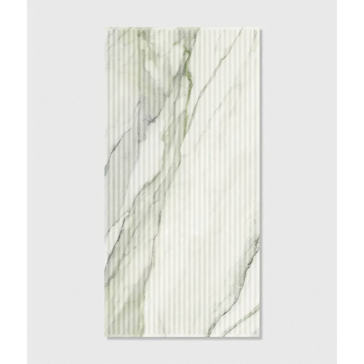 Palm springs porcelain cerulean fluted rectangular tile with vertical ribs and white gray marble pattern