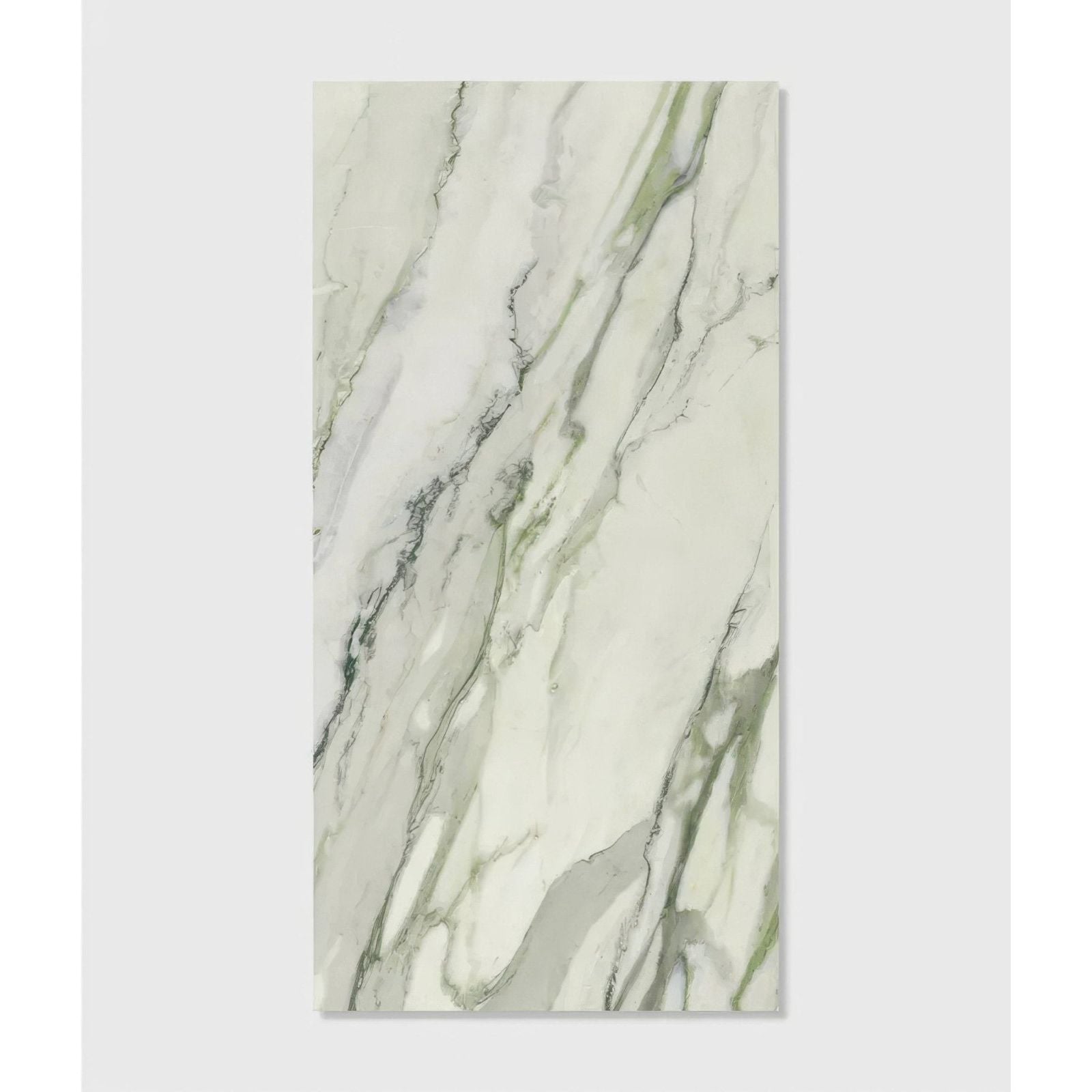 A rectangular slab of palm springs porcelain cerulean plain white marble with elegant green and gray veining