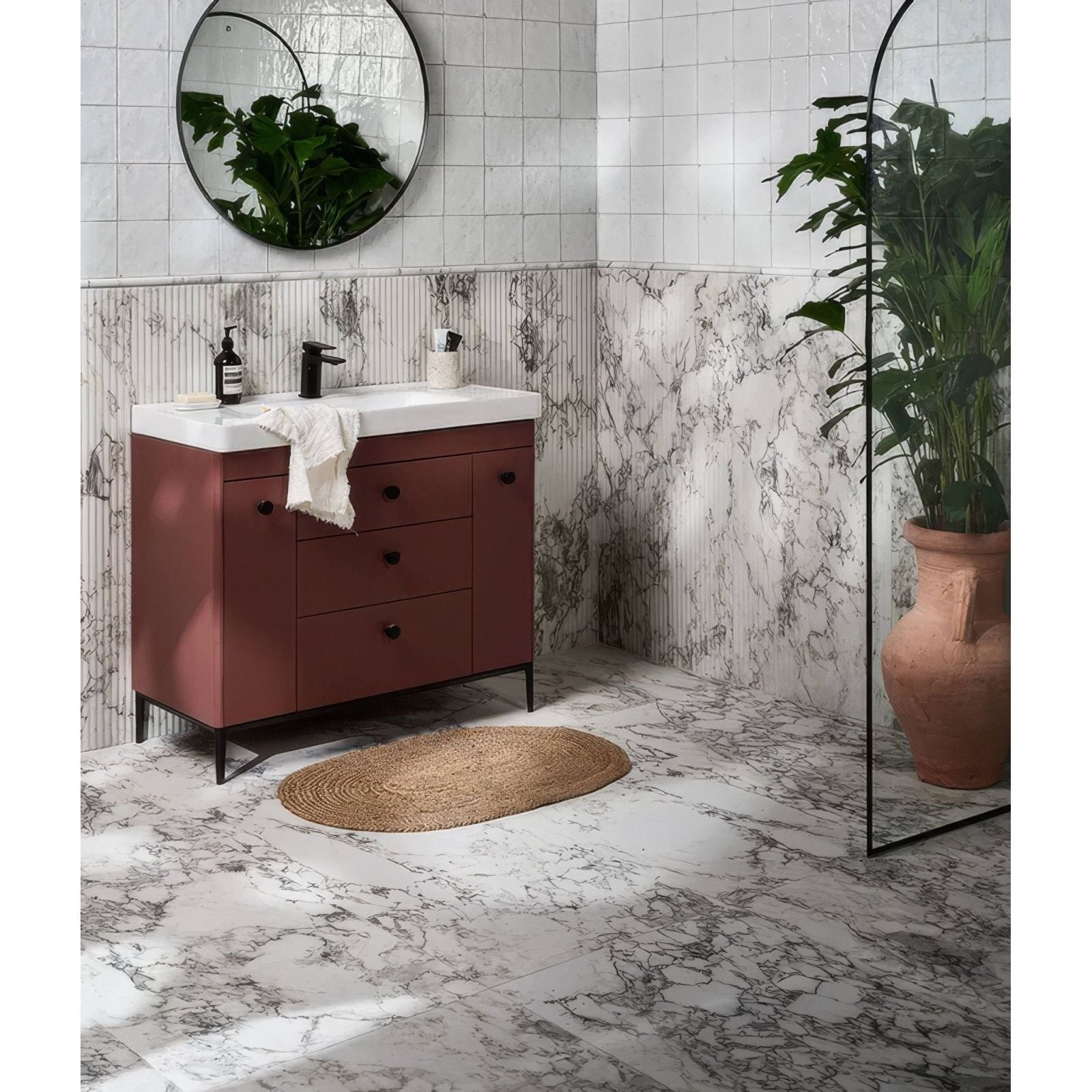 Palm Springs Porcelain Italiana Fluted white and grey fluted marble-effect tiles with a terracotta vanity