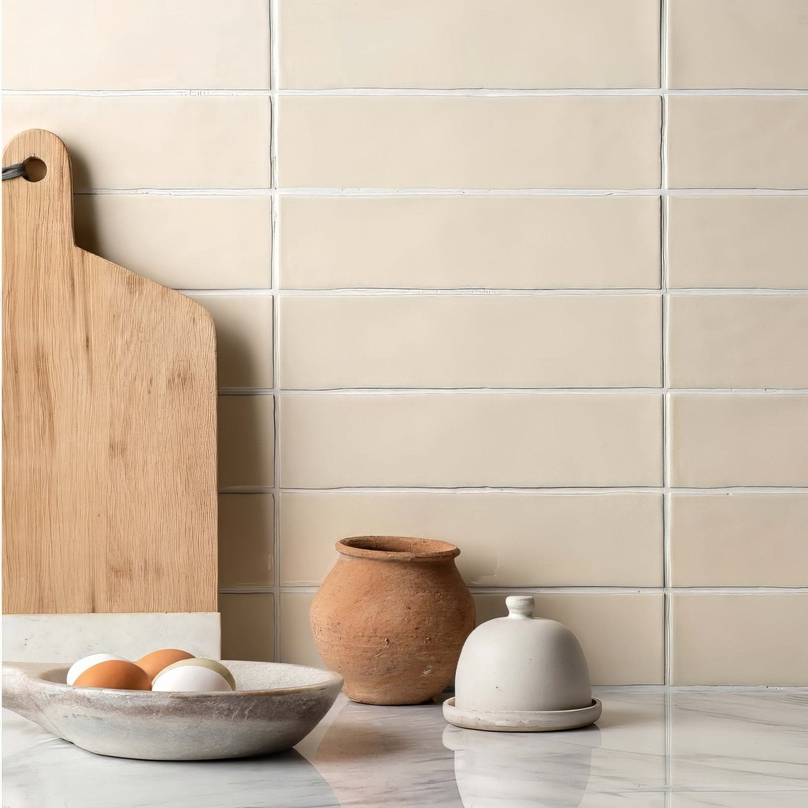 Beige palomino large brick tile subway backsplash with subtle matte finish and clean white grout lines