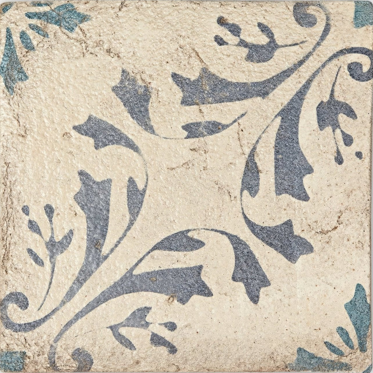 Square ceramic tile paris josette with distressed off-white surface and intricate dark blue floral patterns