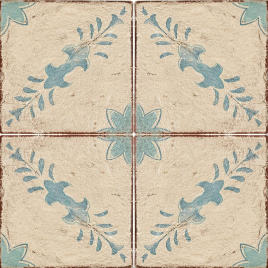 Four-square vintage-style ceramic tile set paris sandrine with distressed beige surface and faded teal floral patterns