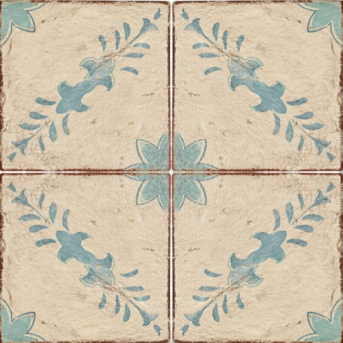Four-square vintage-style ceramic tile set paris sandrine with distressed beige surface and faded teal floral patterns