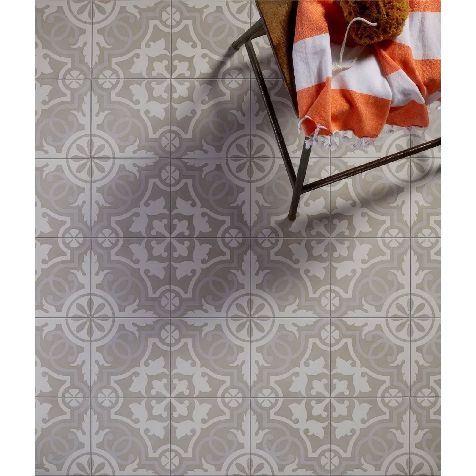 Gray and white ornate patterned Parisian chic porcelain lilas floor tiles for stylish indoor flooring