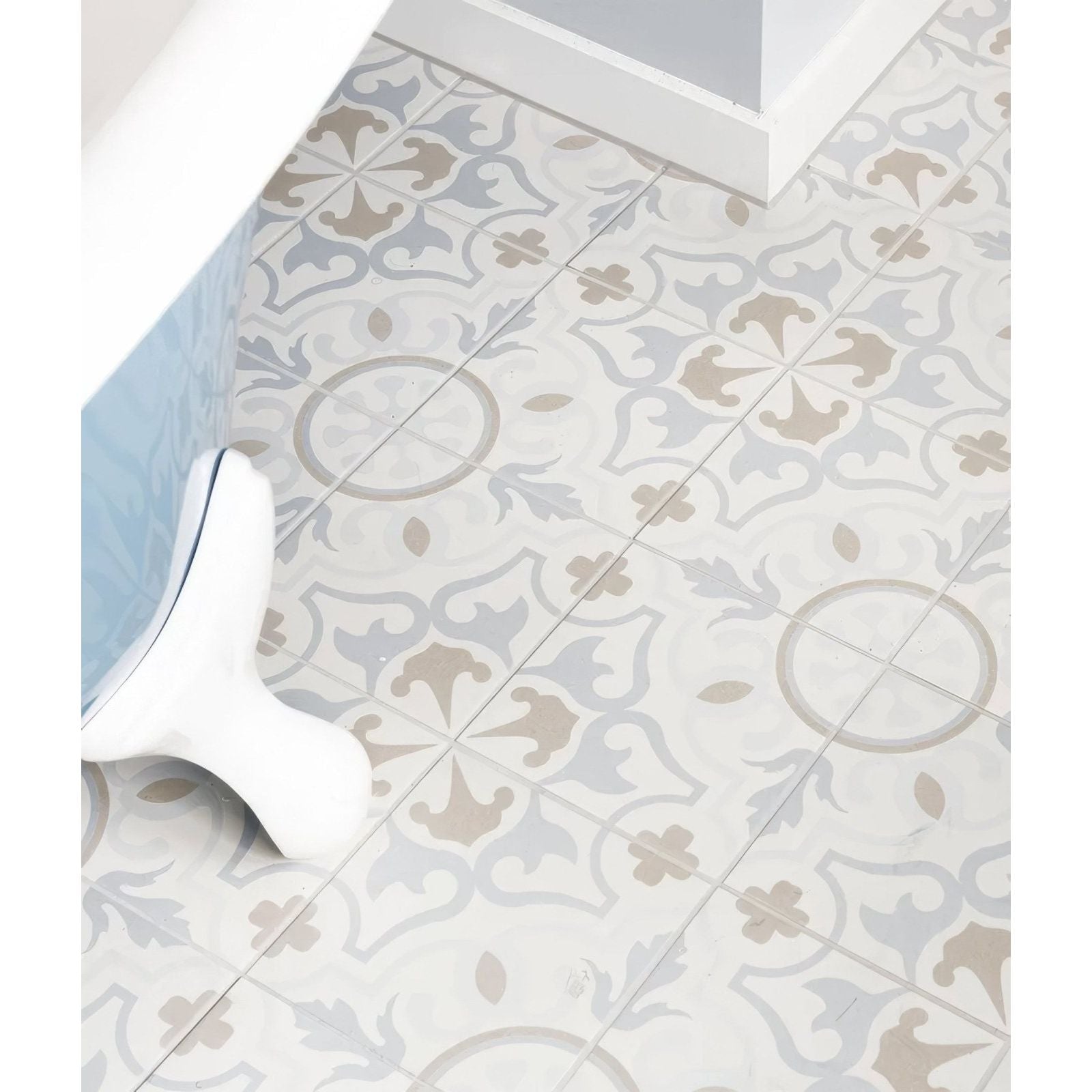 Patterned parisian chic porcelain paix floor tiles with light gray and beige floral design in ceramic material