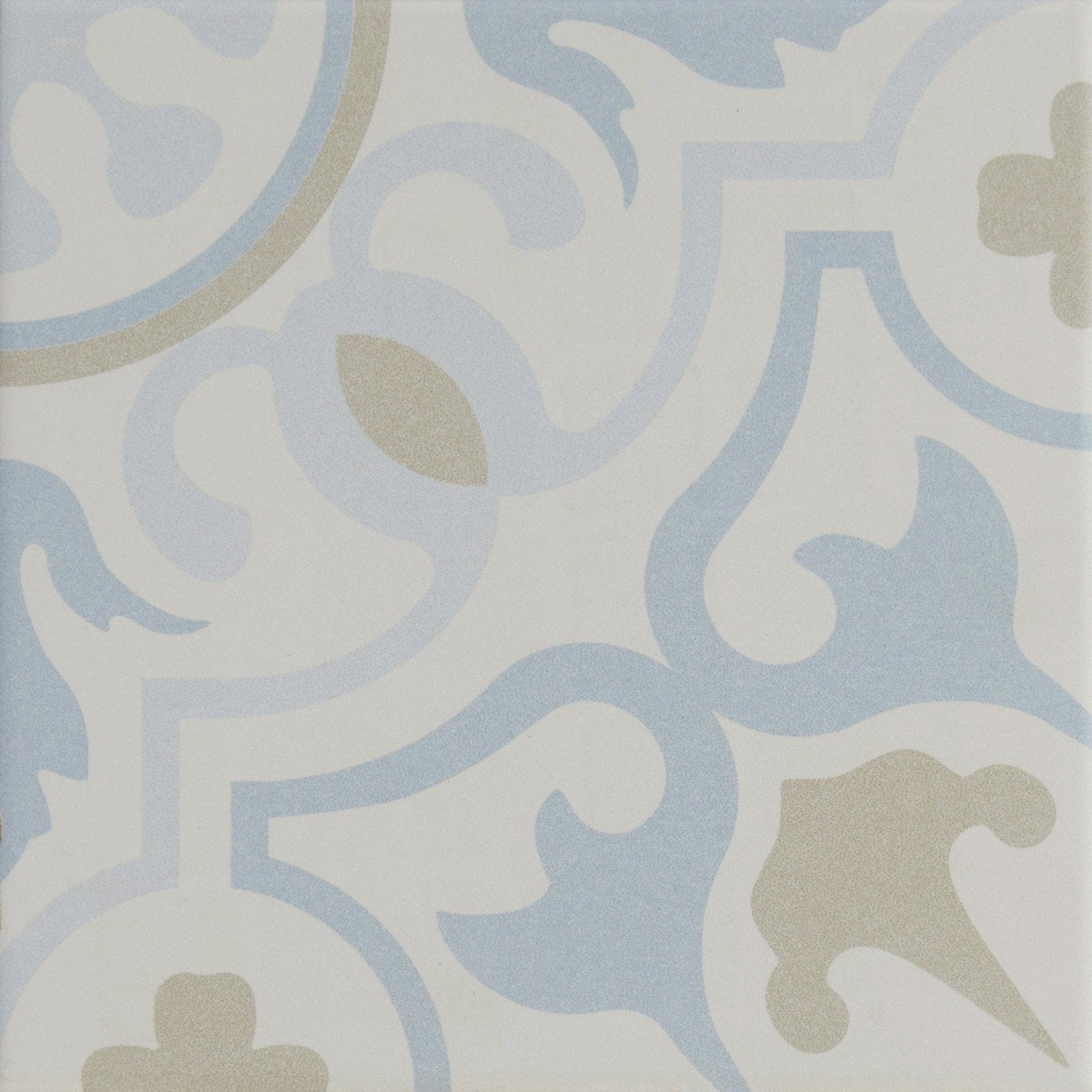 A square parisian chic porcelain tile with light blue and beige ornamental swirls on a soft off-white background