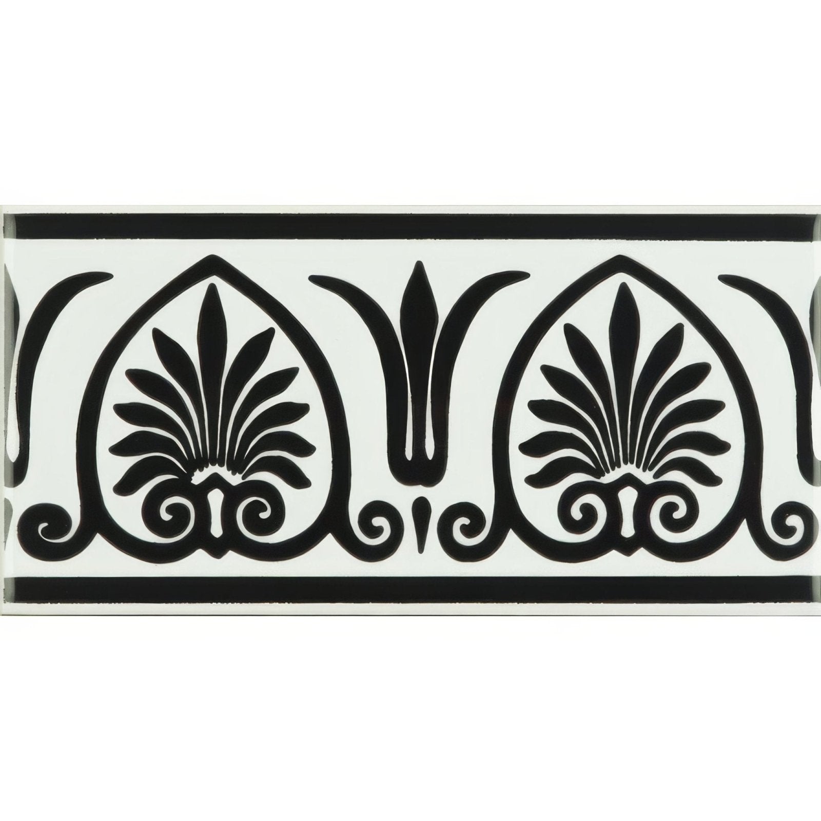 Parthenon jet black on brilliant white decorative tile with black and white leaf motifs in symmetrical arched frames