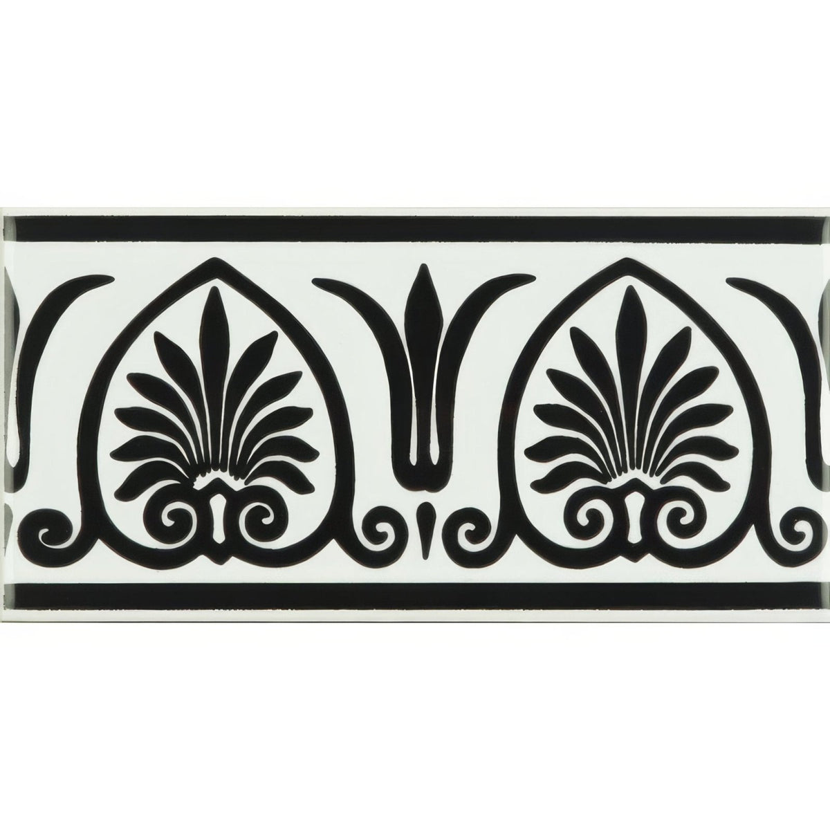 Parthenon jet black on brilliant white decorative tile with black and white leaf motifs in symmetrical arched frames