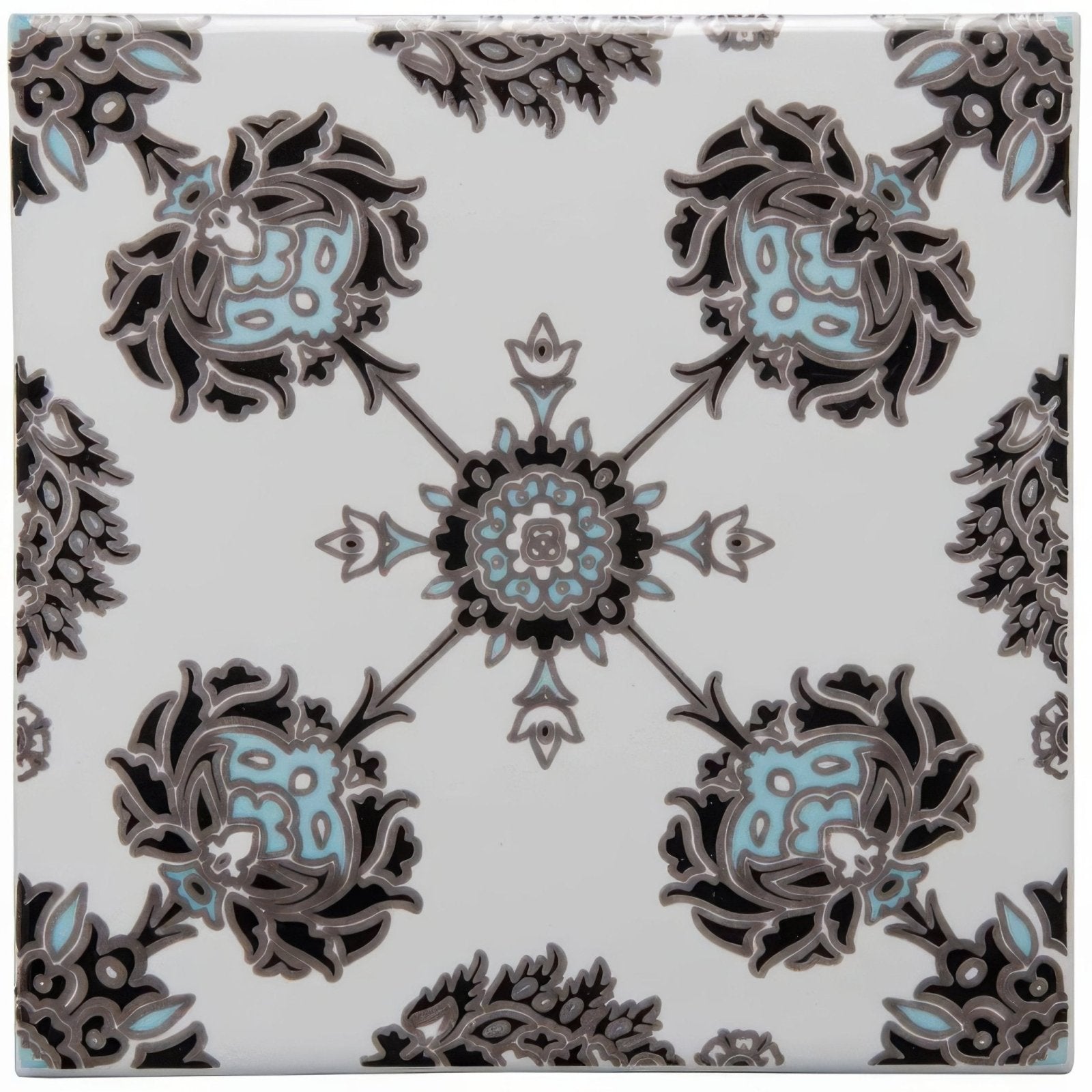 Square ceramic tile pasha on helmingham with intricate black and light blue floral pattern on white background