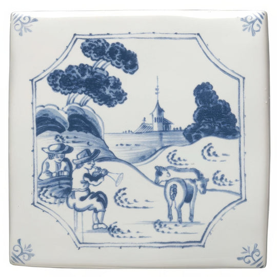 White ceramic tile with traditional blue and white delftware pastoral river scene design for decorative use