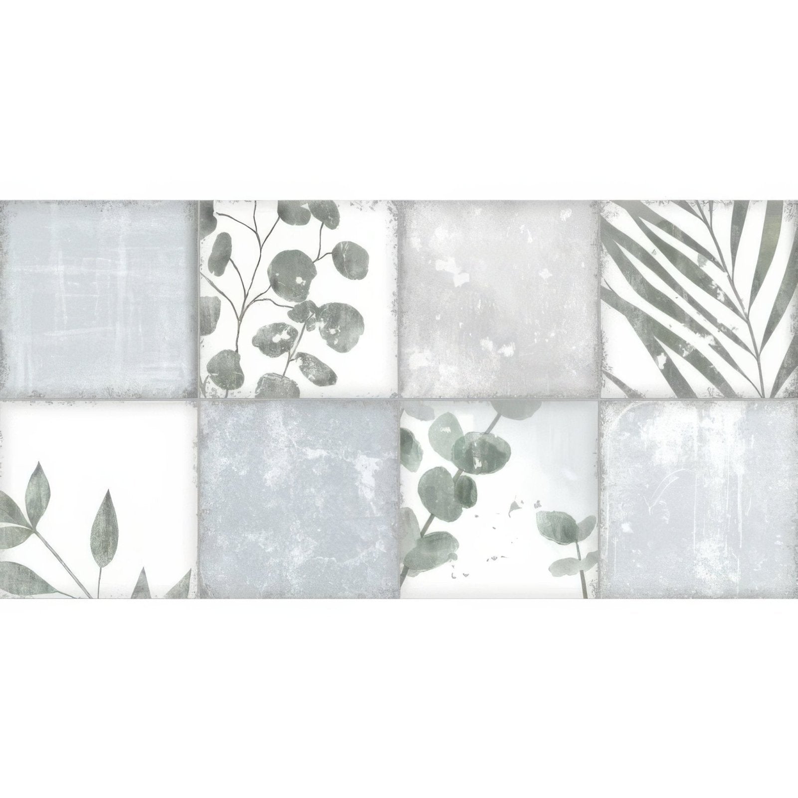 Patchwork botanical iris wallpaper 60x30cm with muted gray and white tiles featuring eucalyptus leaves and palm fronds