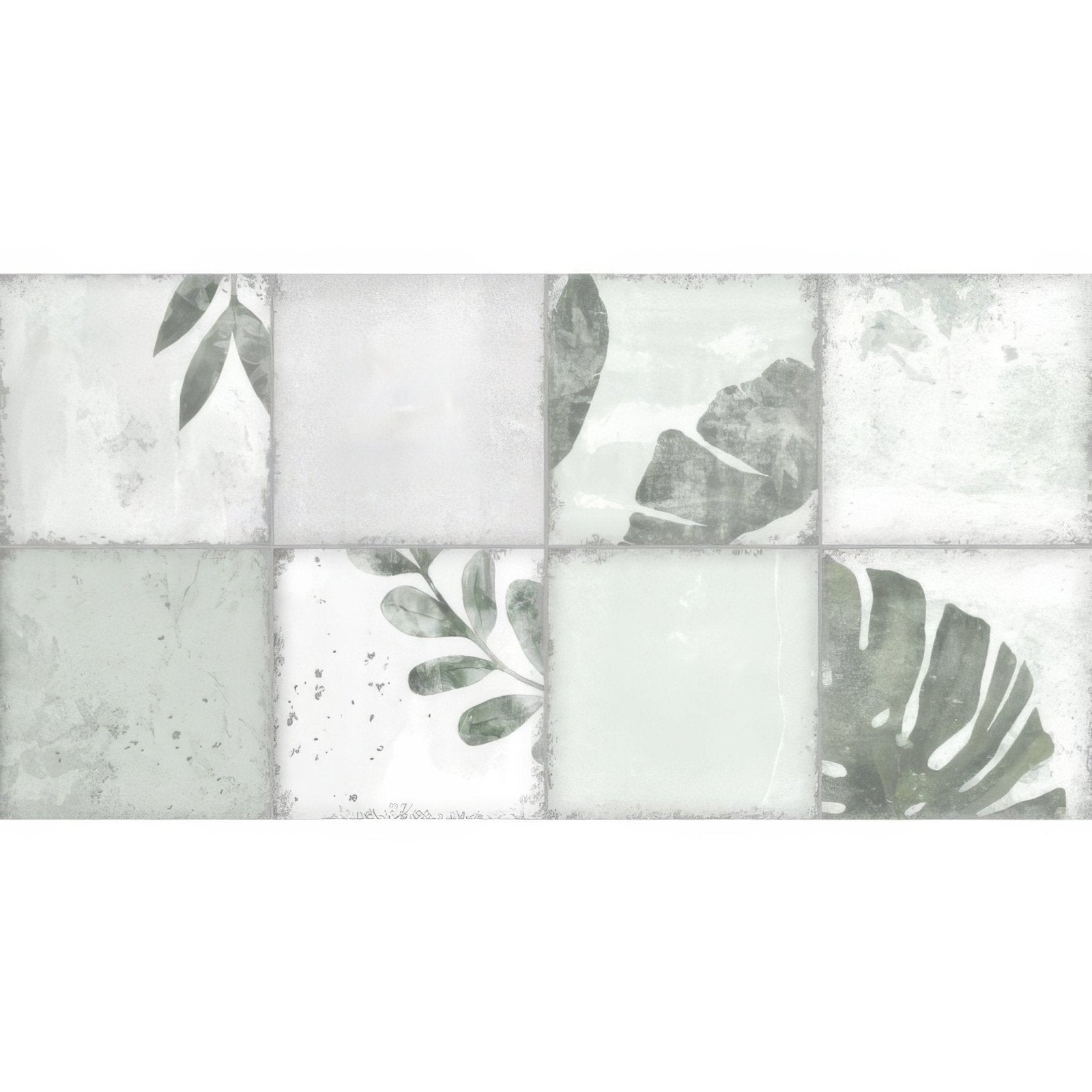 A mosaic tile panel patchwork botanical ivy 60x30cm with muted gray and white square tiles and subtle leaf prints