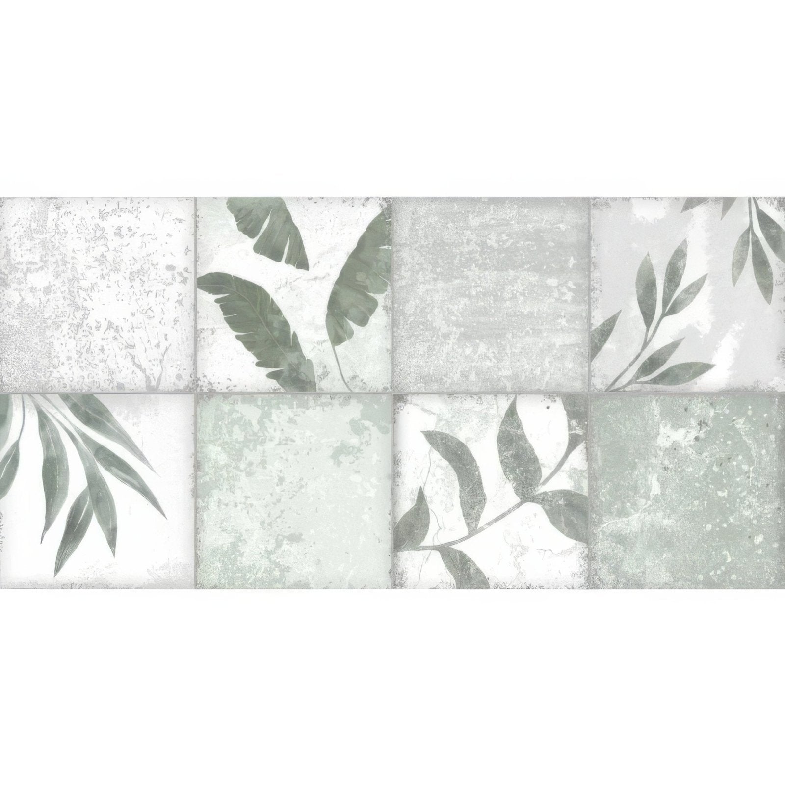 Gray and white botanical-patterned ceramic tile with distressed vintage-style leaf designs patchwork botanical ivy 60x30cm