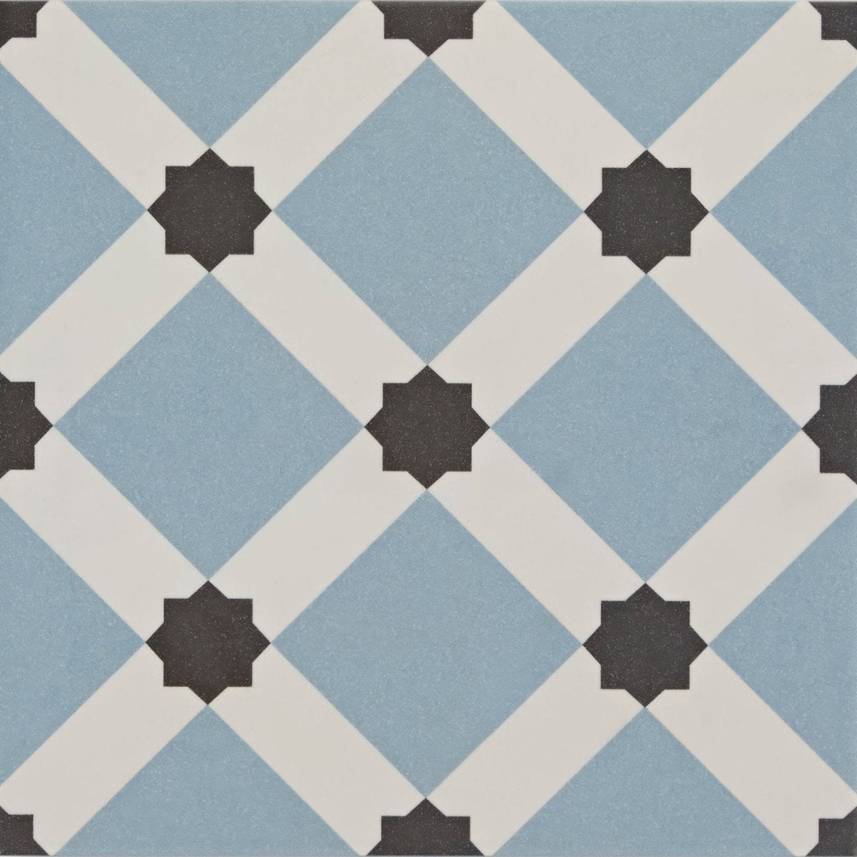 Patisserie hevin blue patterned tile with blue and white geometric design and black star-shaped accents for flooring or walls