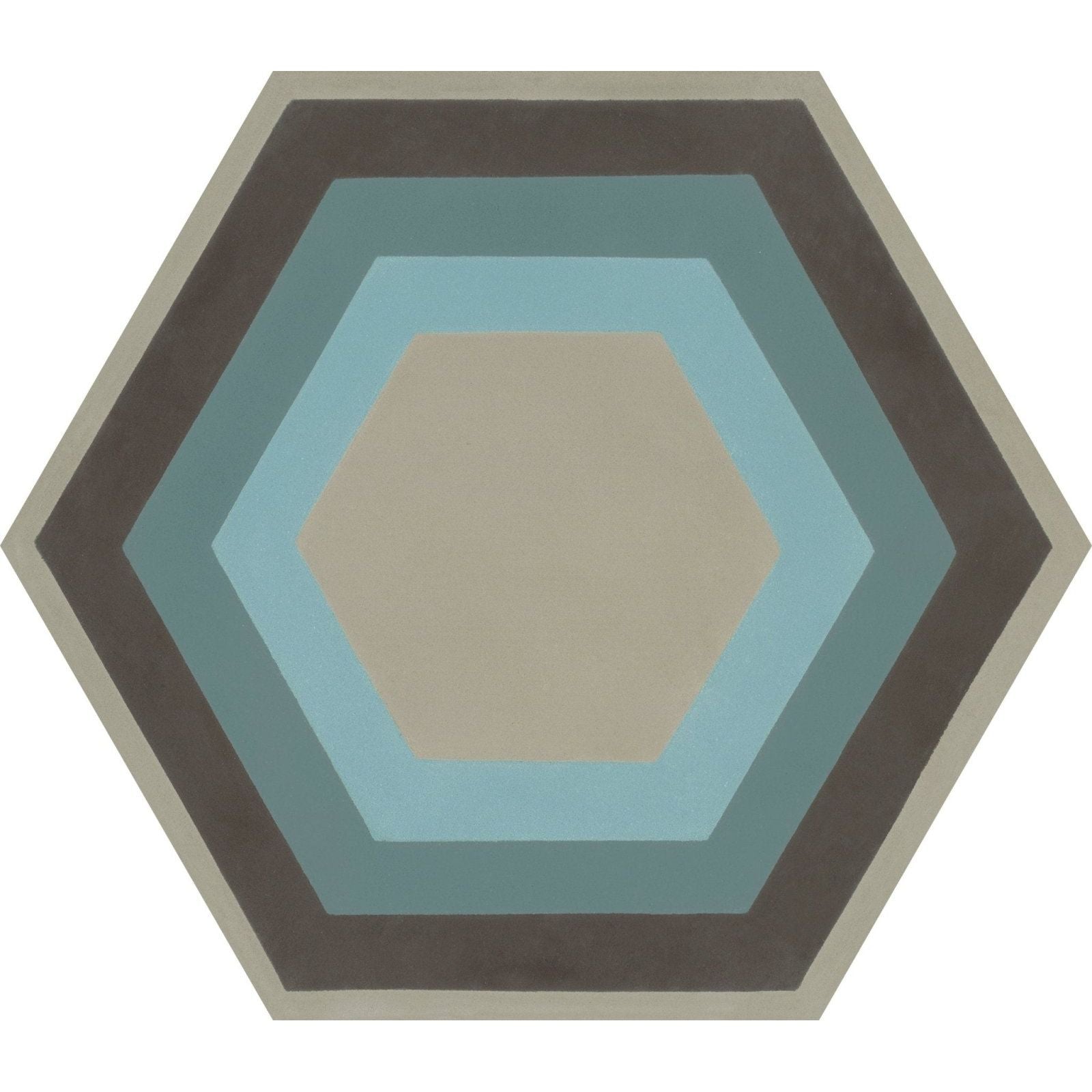Hexagonal patisserie porcelain blue rug with concentric rings in muted blue beige and gray tones