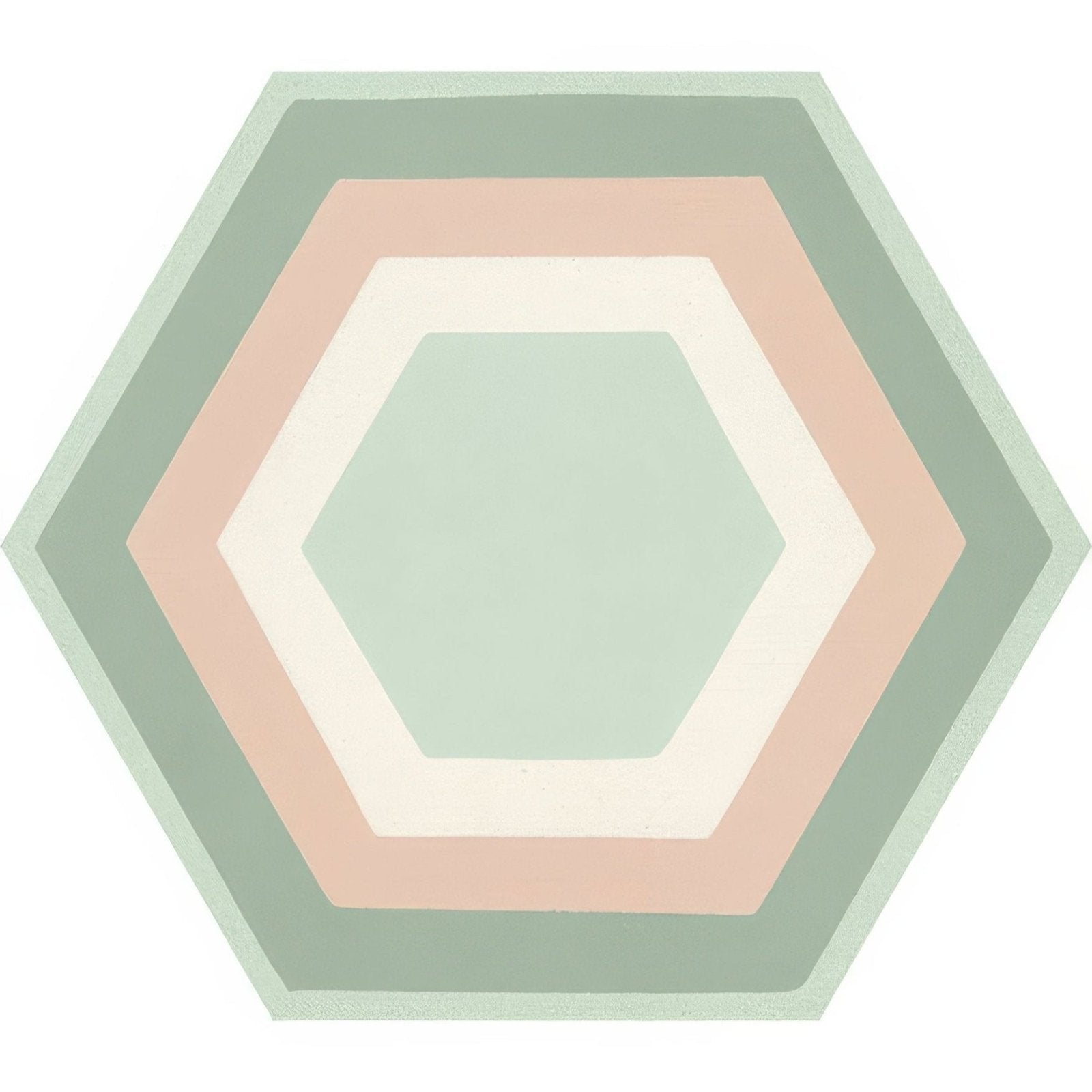 Hexagonal patisserie porcelain tile with concentric rings in muted sage green blush pink and cream colors