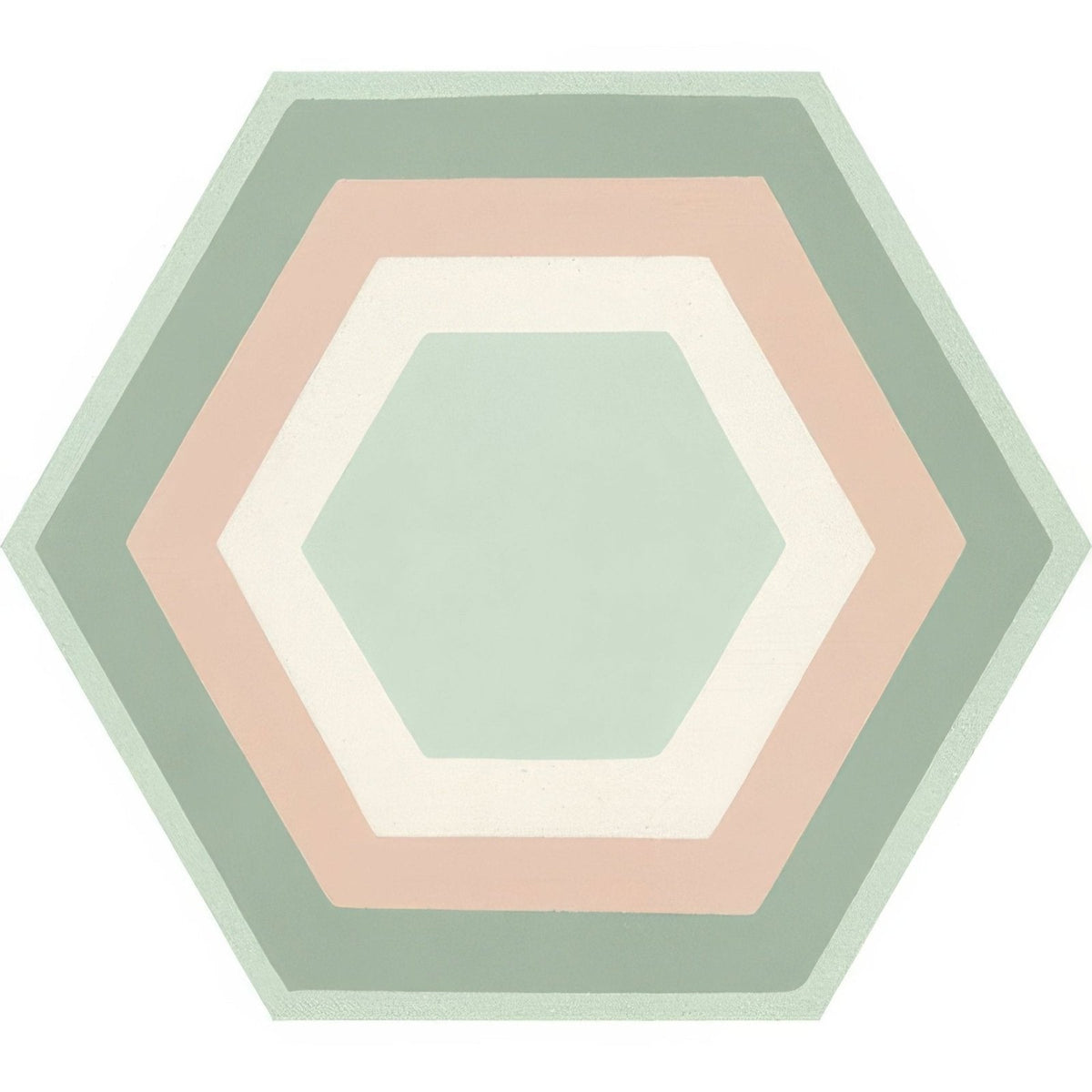 Hexagonal patisserie porcelain tile with concentric rings in muted sage green blush pink and cream colors