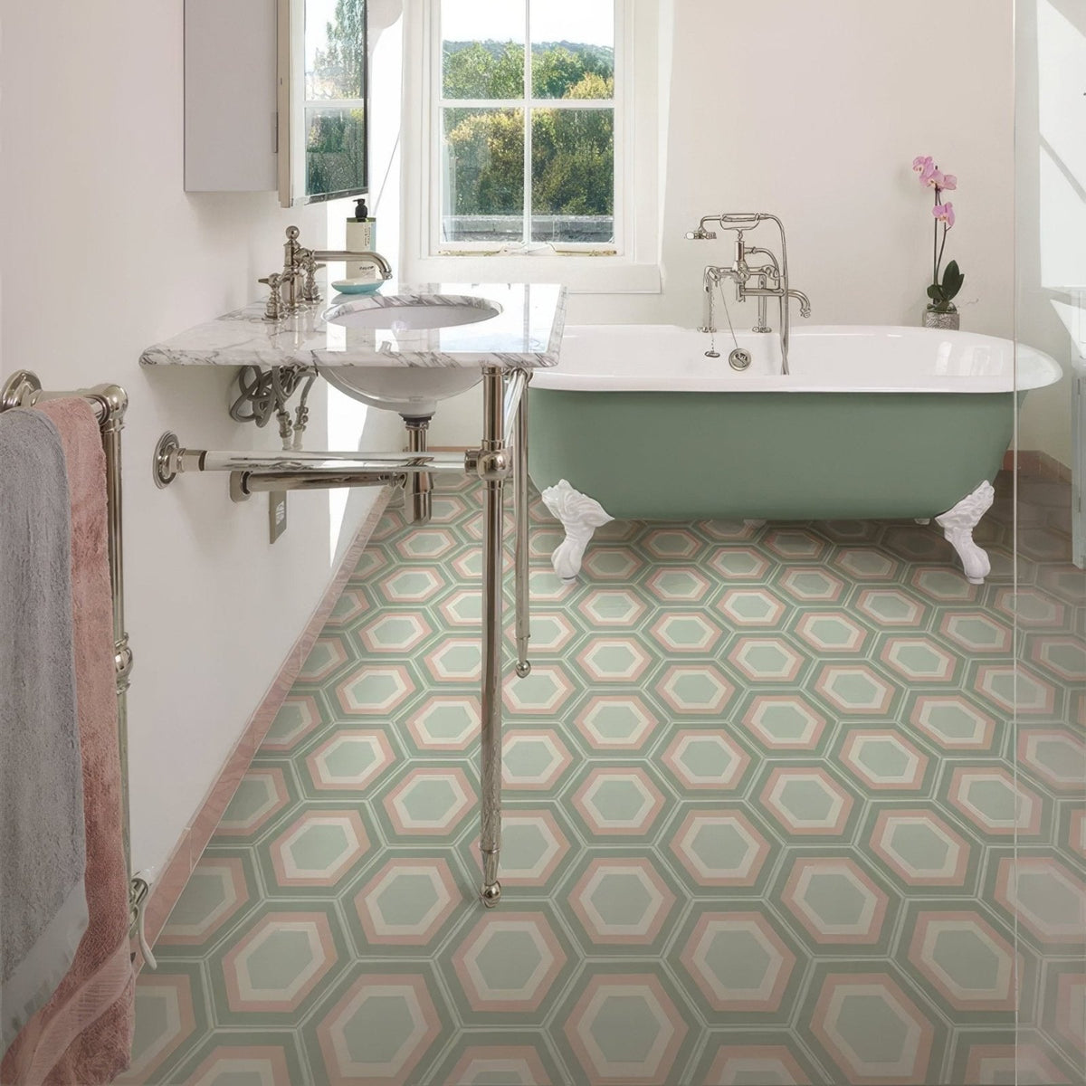 Mint green clawfoot bathtub patisserie porcelain rose mint with white porcelain feet and chrome fixtures