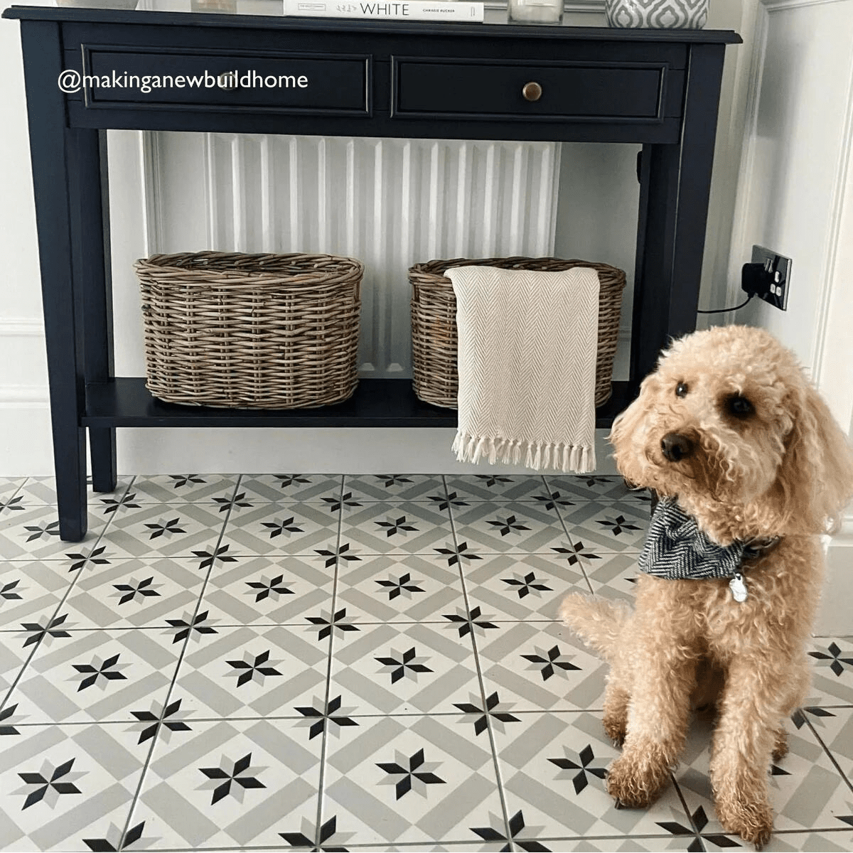 A fluffy light brown poodle wearing a black and white herringbone bow tie next to patisserie sucre 1 patterned tile product