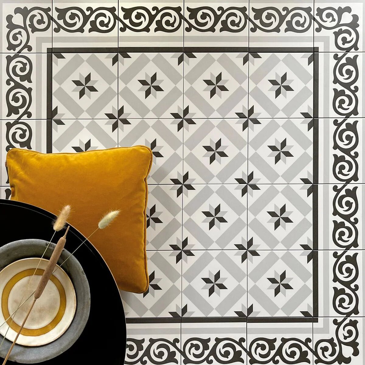 Mustard yellow velvet pillow featuring the patisserie sucre 1 patterned tile design for decorative use