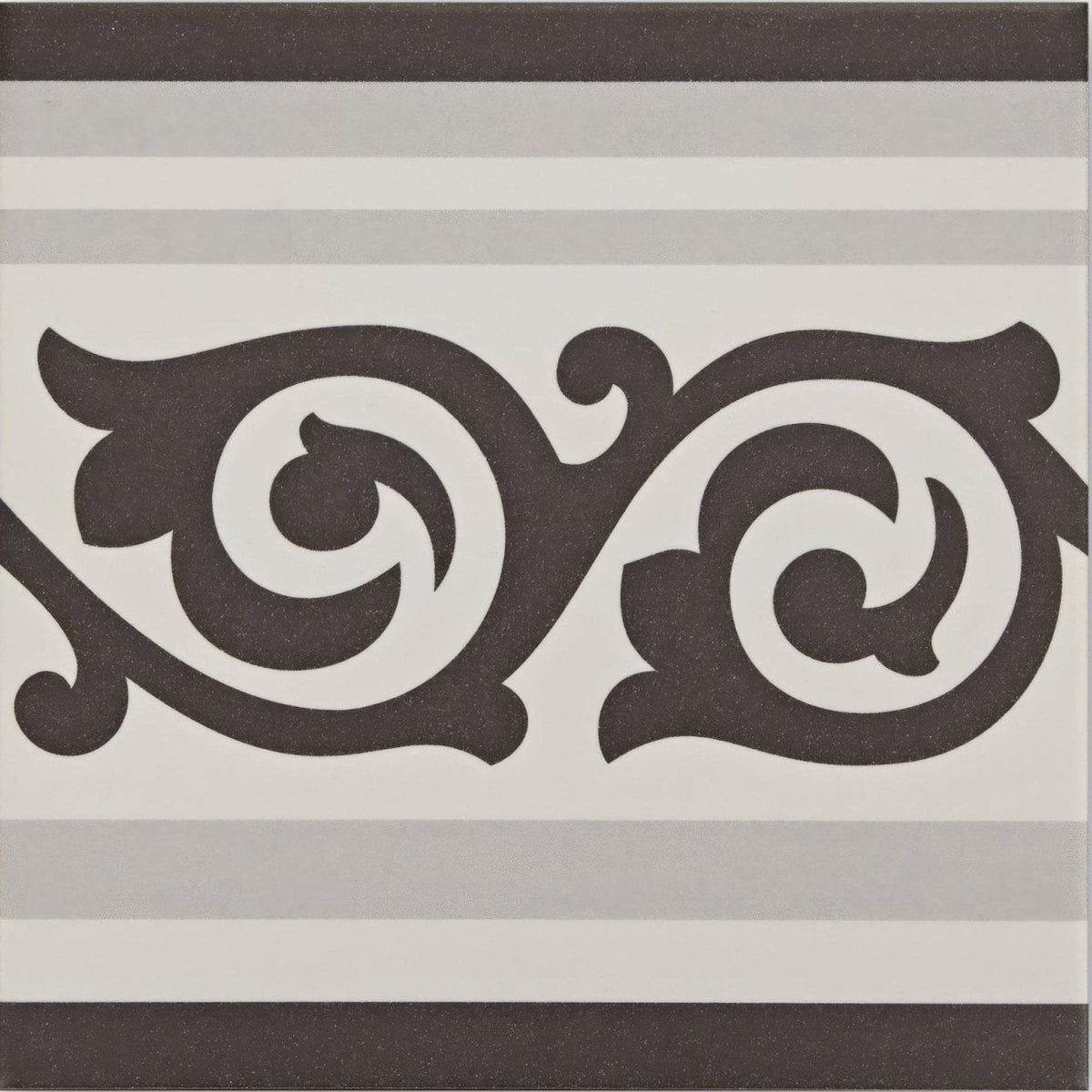 Patisserie sucre border tile in black and white features ornamental vintage floral patterns with horizontal stripes