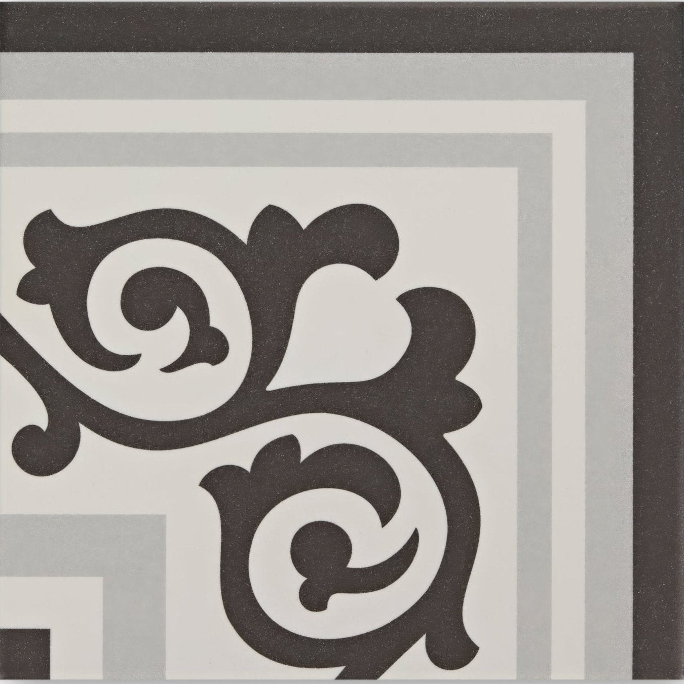 Patisserie sucre corner patterned tile in black ornate scrollwork with layered gray border for decorative use