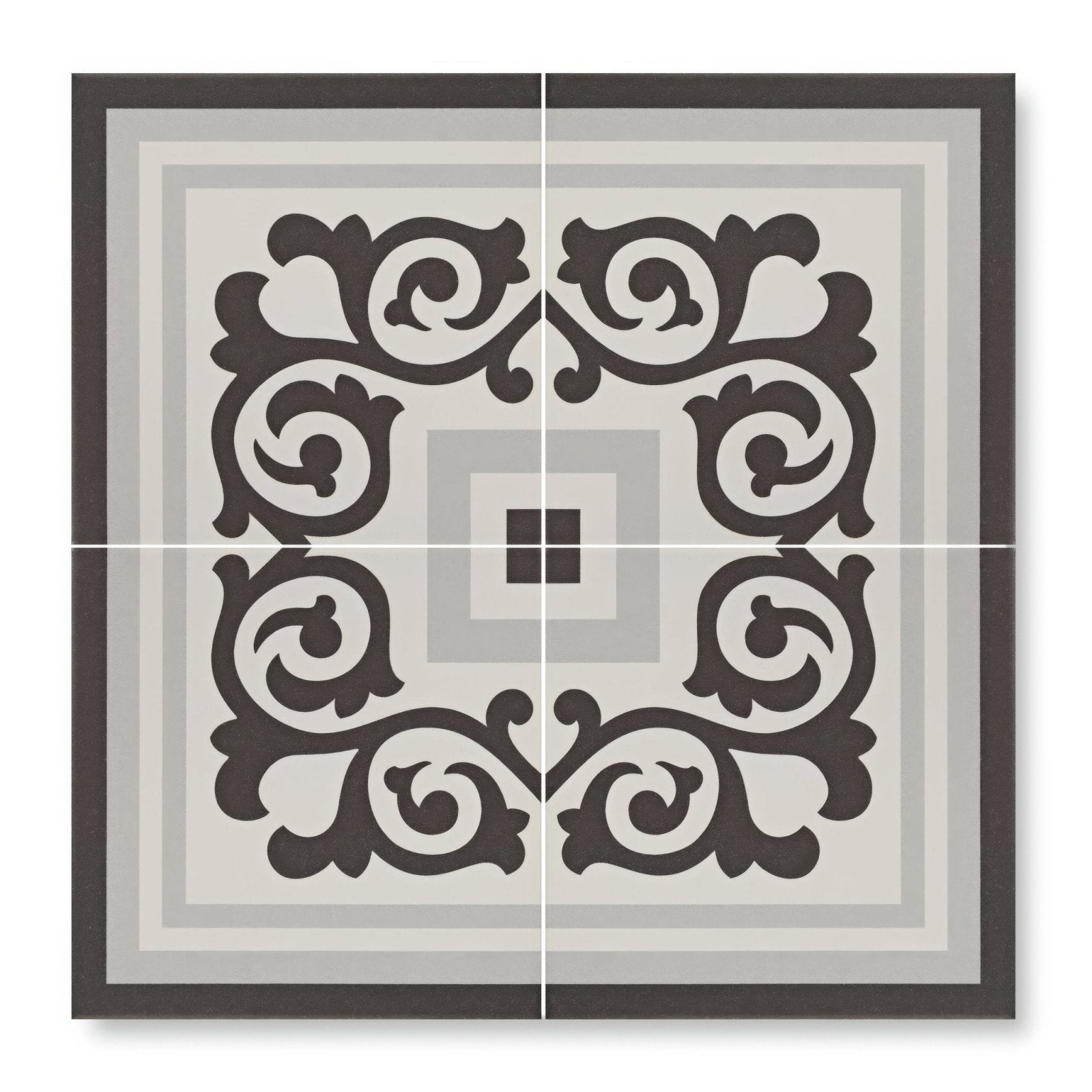 Gray and black patisserie sucre corner patterned tile featuring a square design with swirling floral motifs