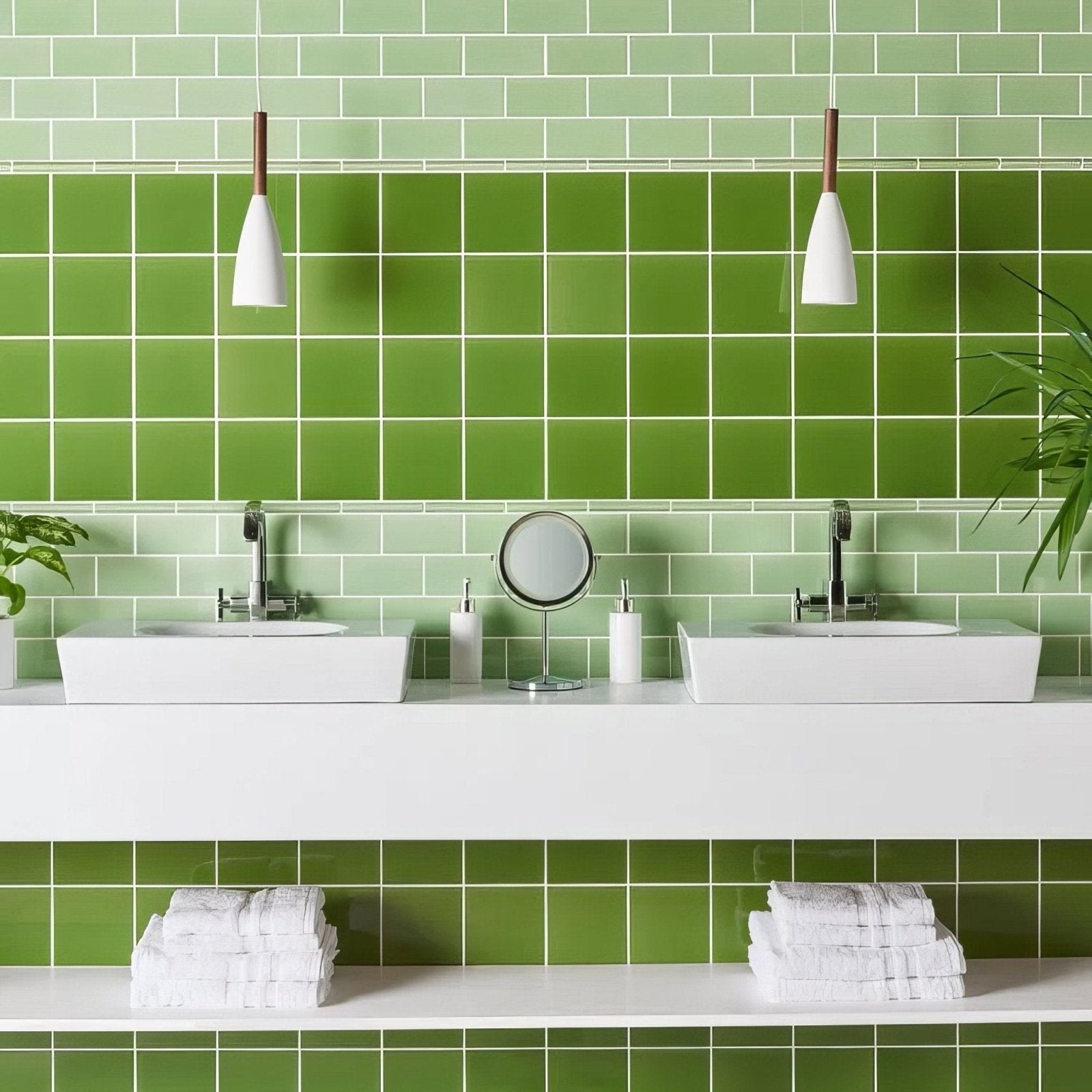 Modern white rectangular vessel sinks with chrome faucets on a minimalist vanity with pavilion green field tile backsplash