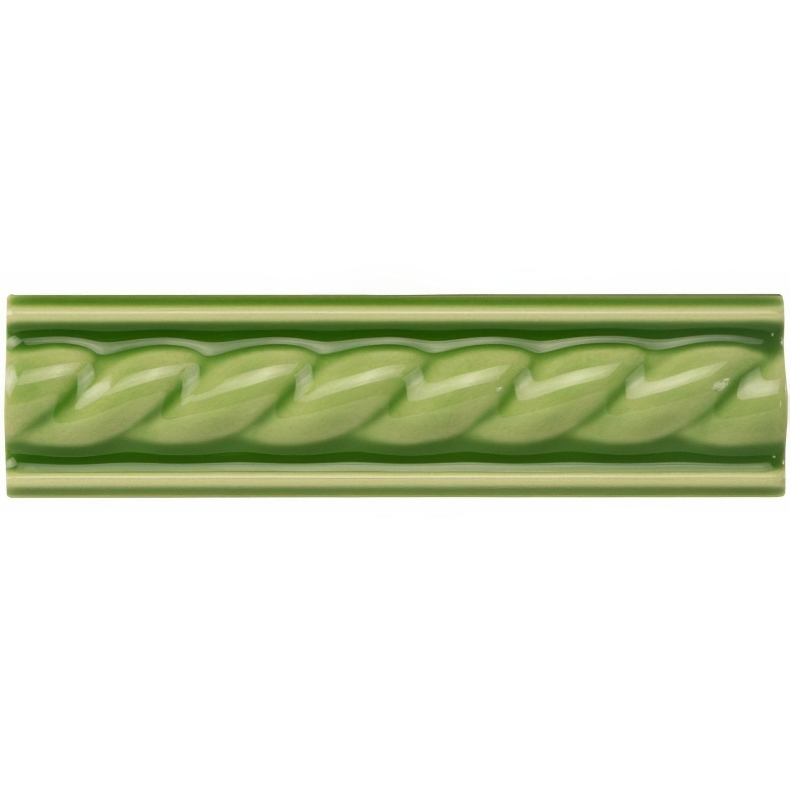A glossy sage green ceramic tile with a raised twisted rope design for pavilion green rope moulding