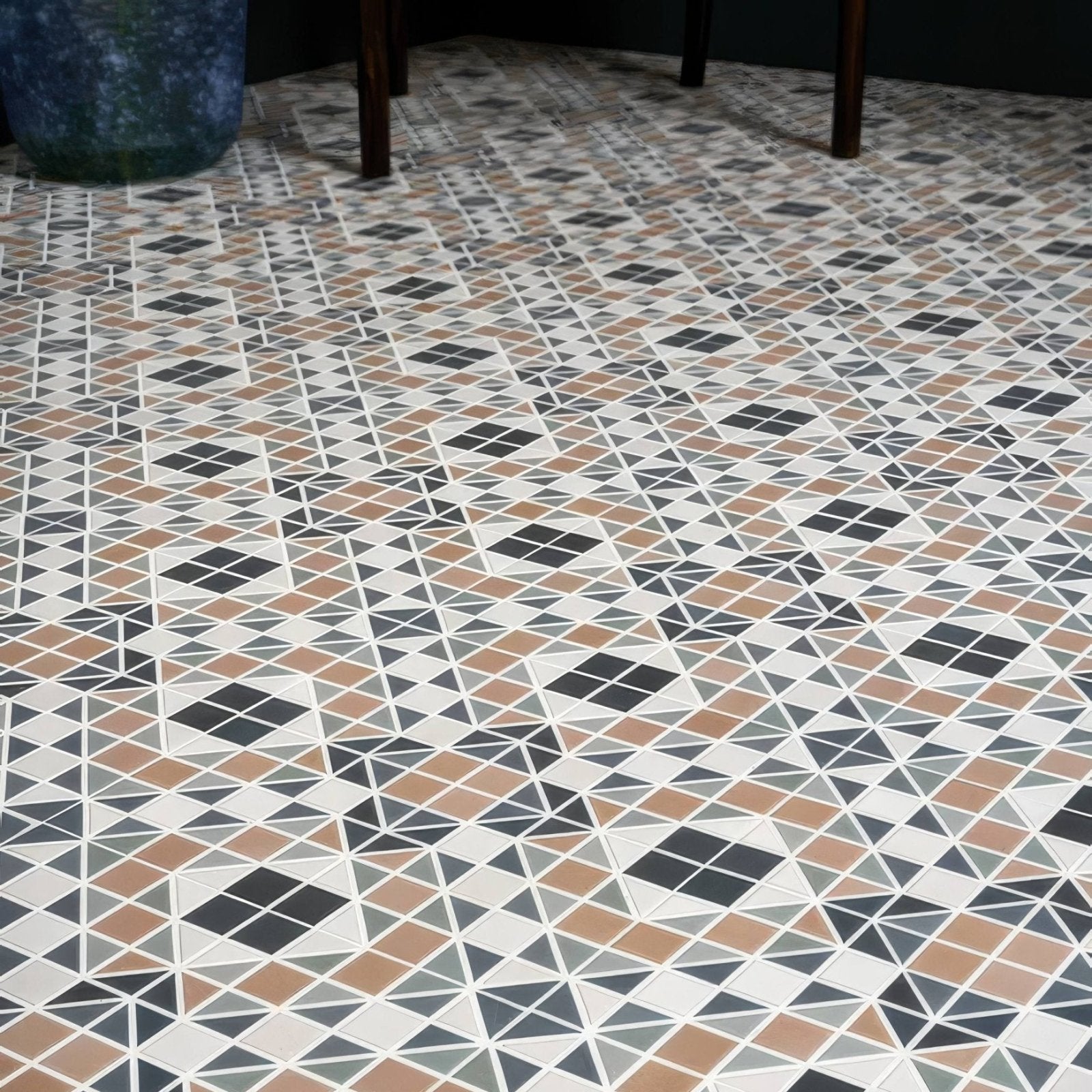 Geometric mosaic pavilion porcelain marine blue floor tiles with white black and terracotta diamond pattern
