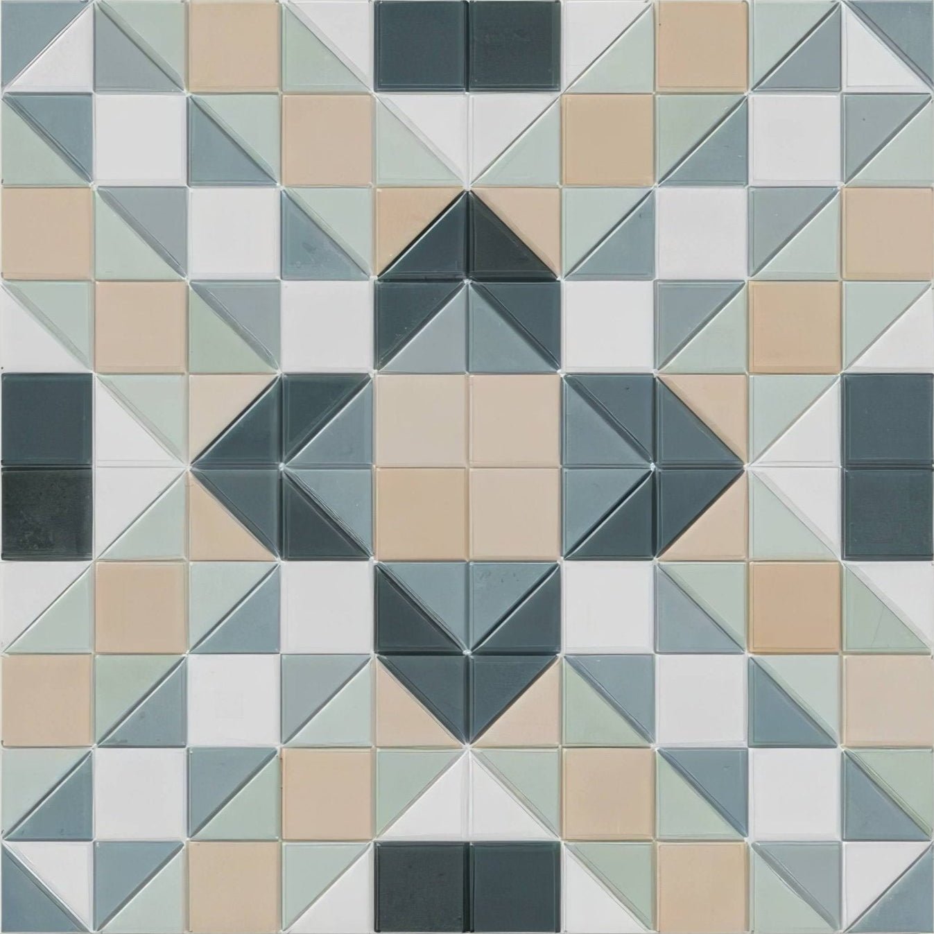 Geometric mosaic tile panel pavilion porcelain marine blue with triangular and square tiles in beige gray sage green and white