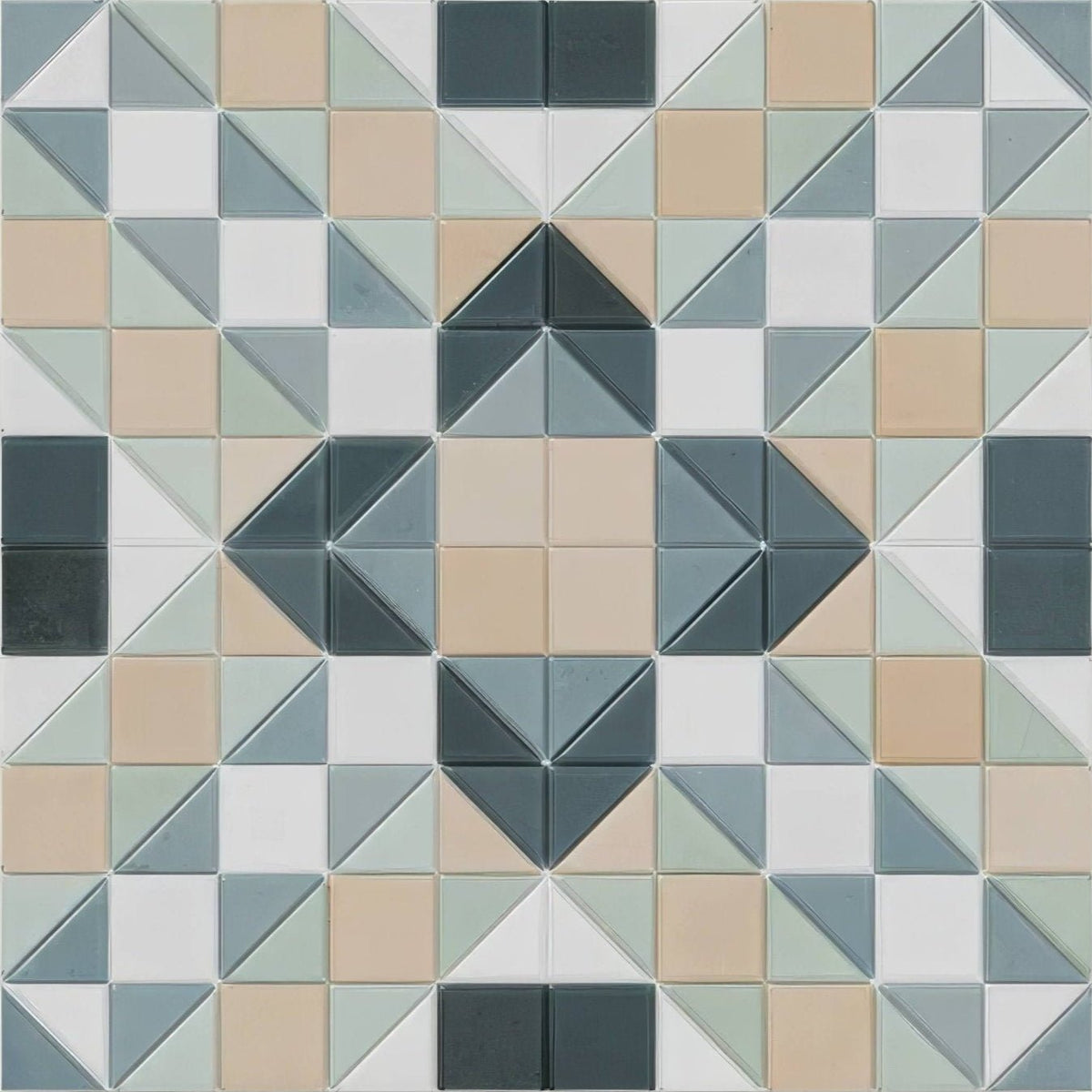 Geometric mosaic tile panel pavilion porcelain marine blue with triangular and square tiles in beige gray sage green and white
