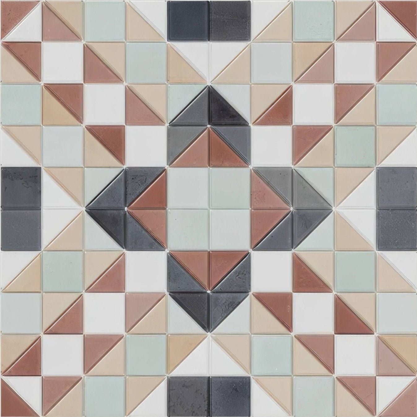 Geometric mosaic tile panel pavilion porcelain russet red with repeating star pattern in terracotta sage green beige and charcoal gray