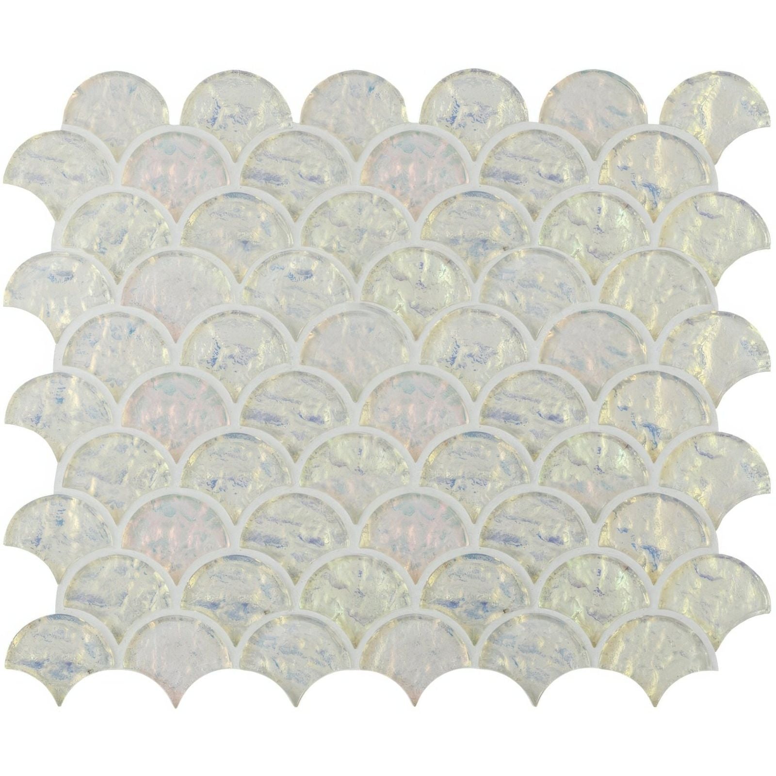 Iridescent white fish-scale mosaic tile pearl scale clear with a glossy translucent finish for decorative use