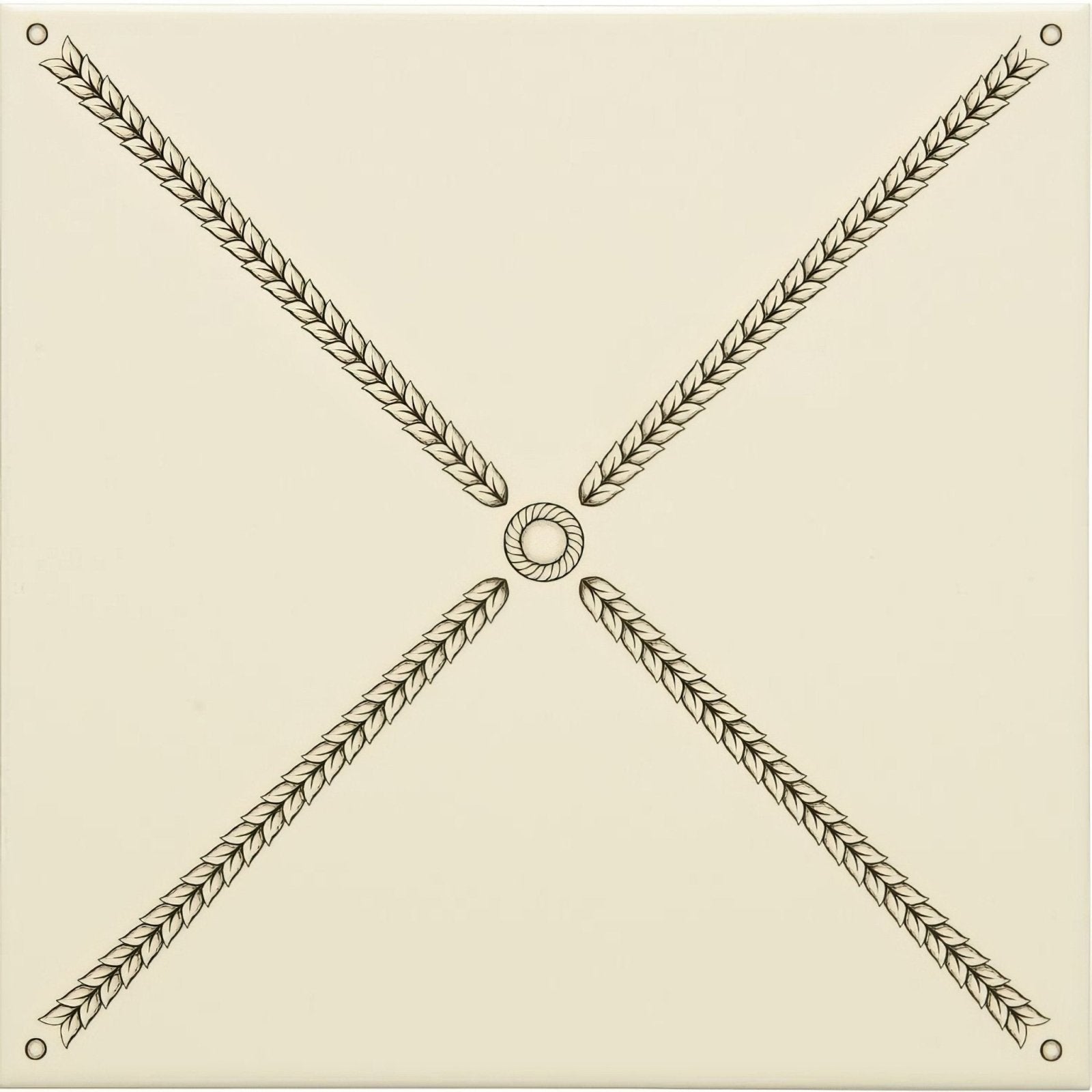 Cream-colored square ceiling tile pearl trellis charcoal grey on county white with central rope knot and wheat stalk design
