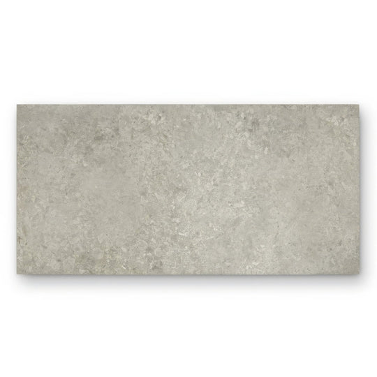 A rectangular gray concrete-effect tile with a textured speckled surface pebble beach taupe 120 x 60cm