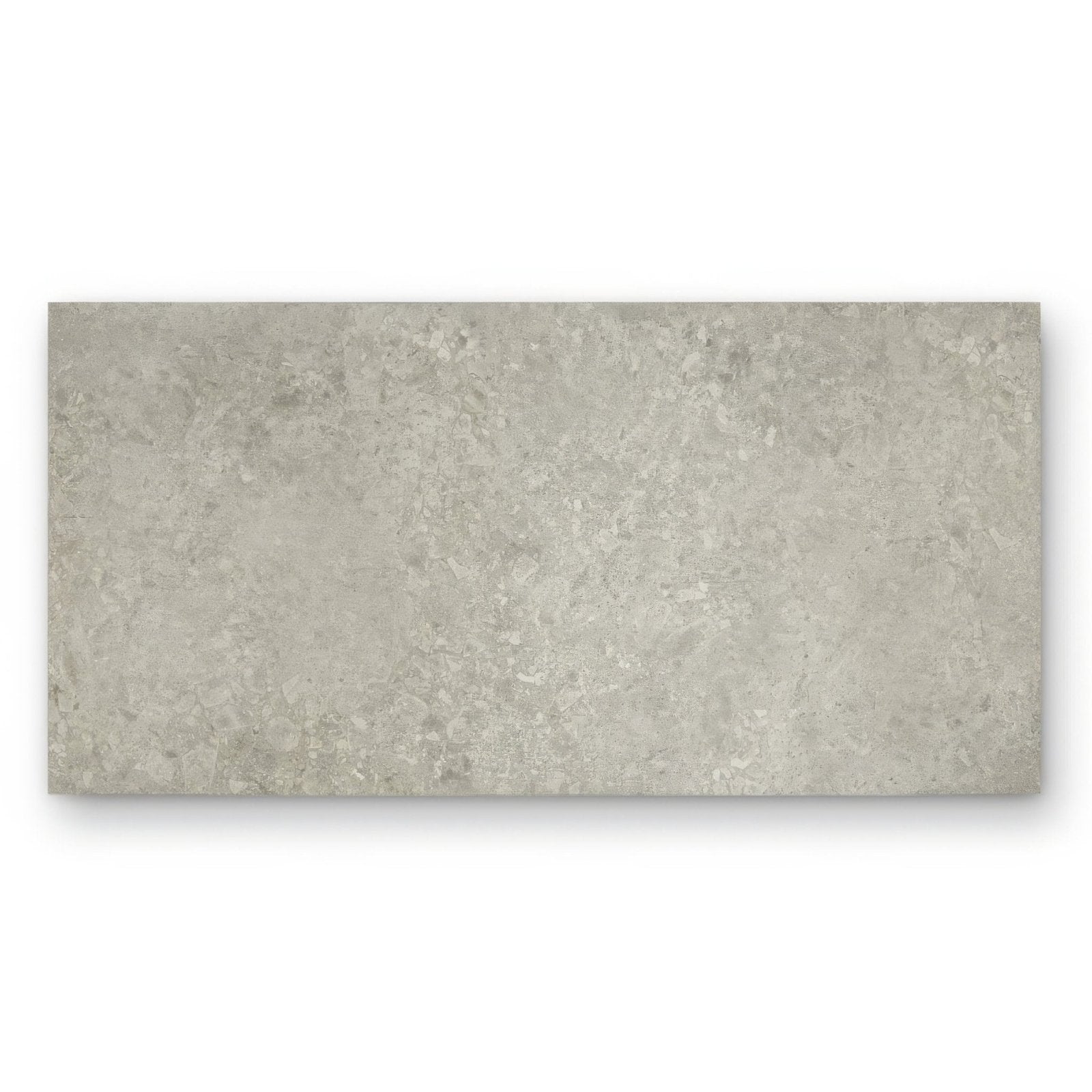 A rectangular gray concrete-effect tile with a textured speckled surface pebble beach taupe 120 x 60cm