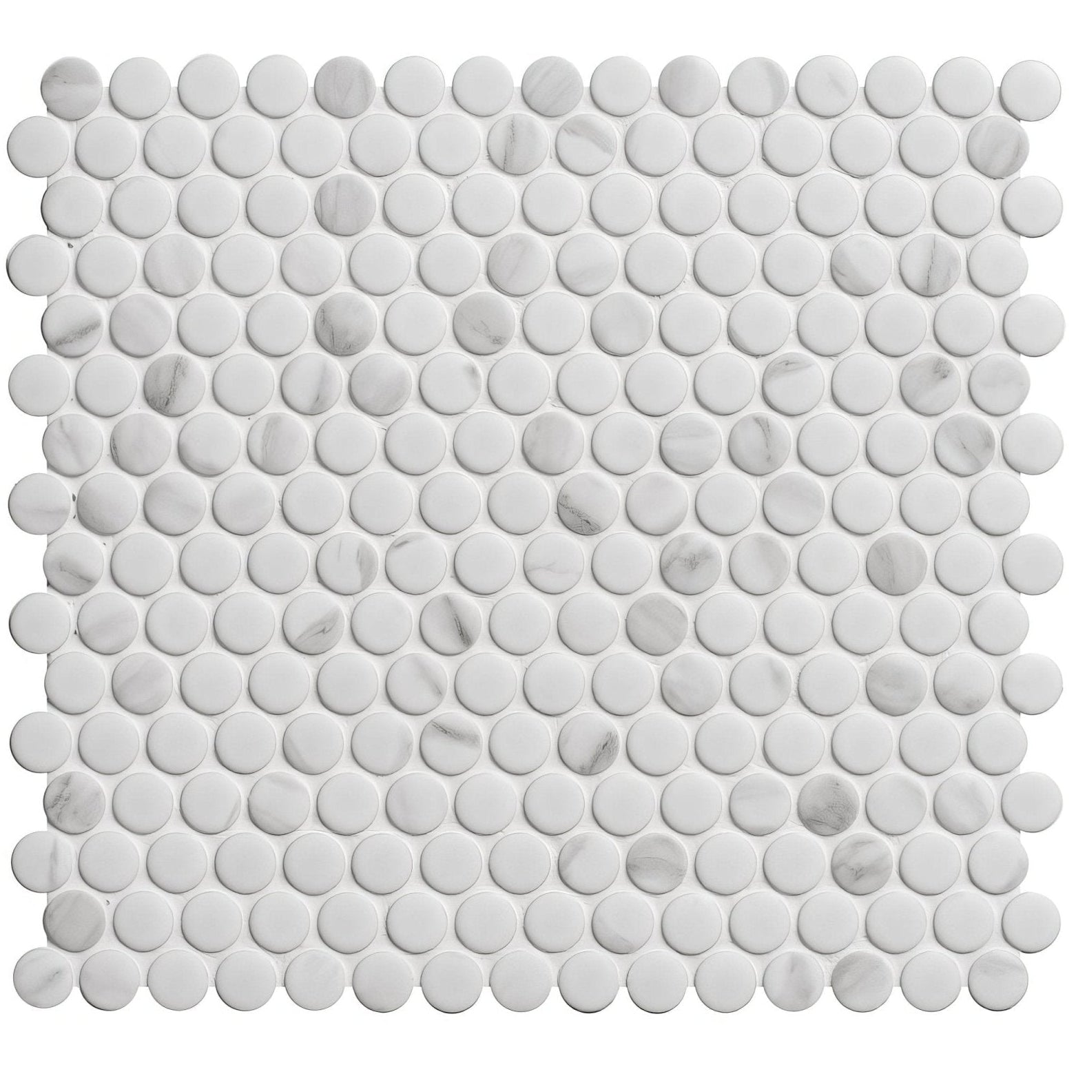 Penny round matt carrara white white marble mosaic tile with circular glossy pieces arranged in a grid pattern