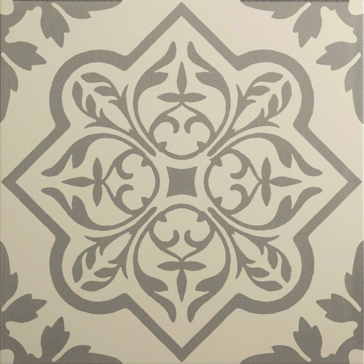Pentillie light grey tile with gray ornate floral pattern on cream-colored chalk background for decorative use