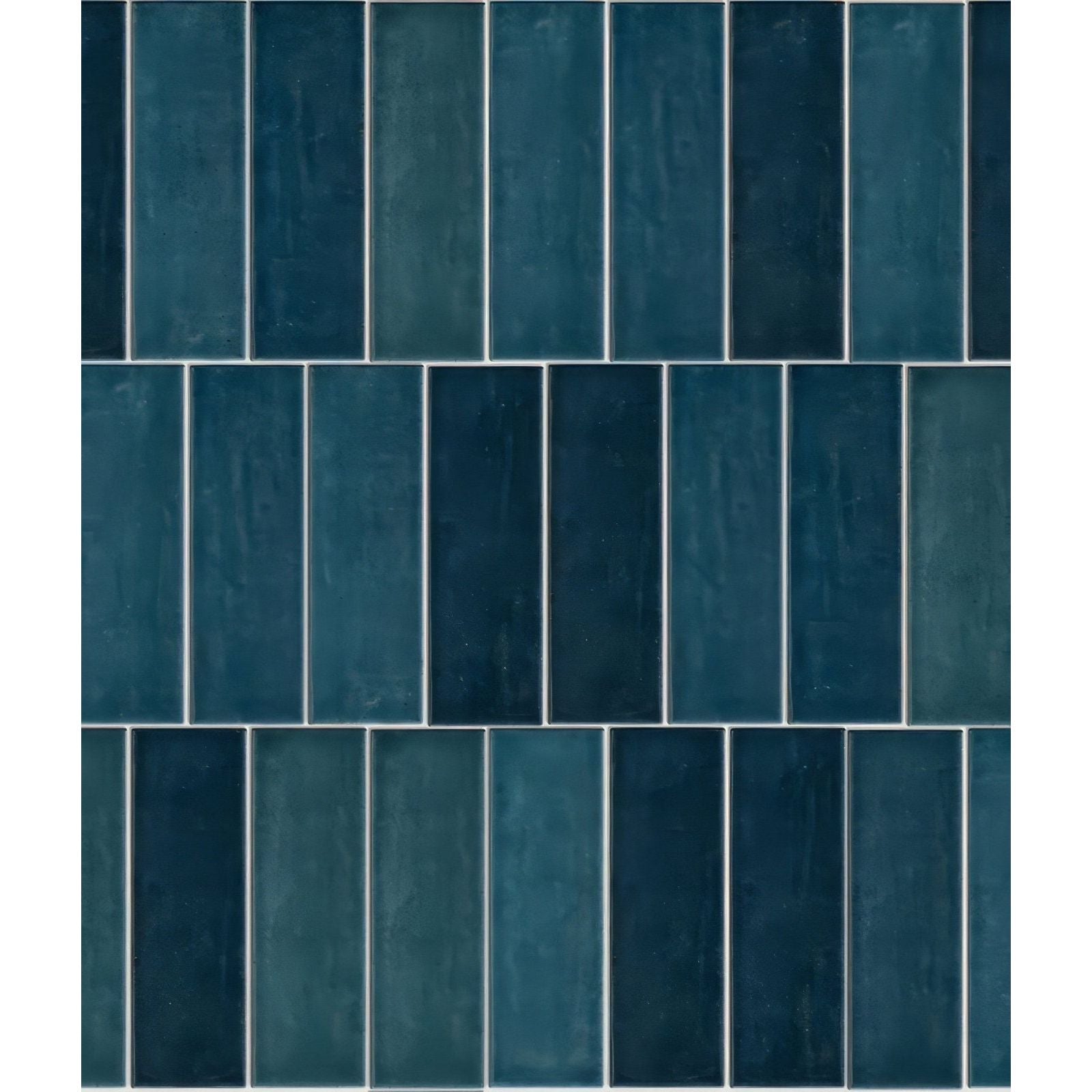Blue rectangular petite porcelain gloss ceramic tiles with subtle shade variations and matte finish in vertical rows