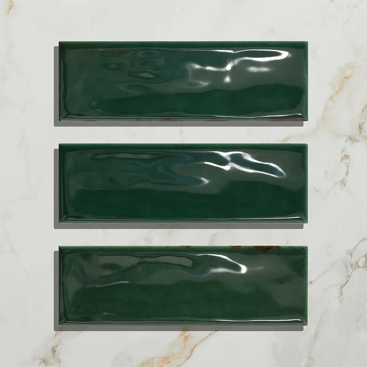 Three glossy dark green rectangular porcelain tiles arranged vertically for petite porcelain gloss green collection