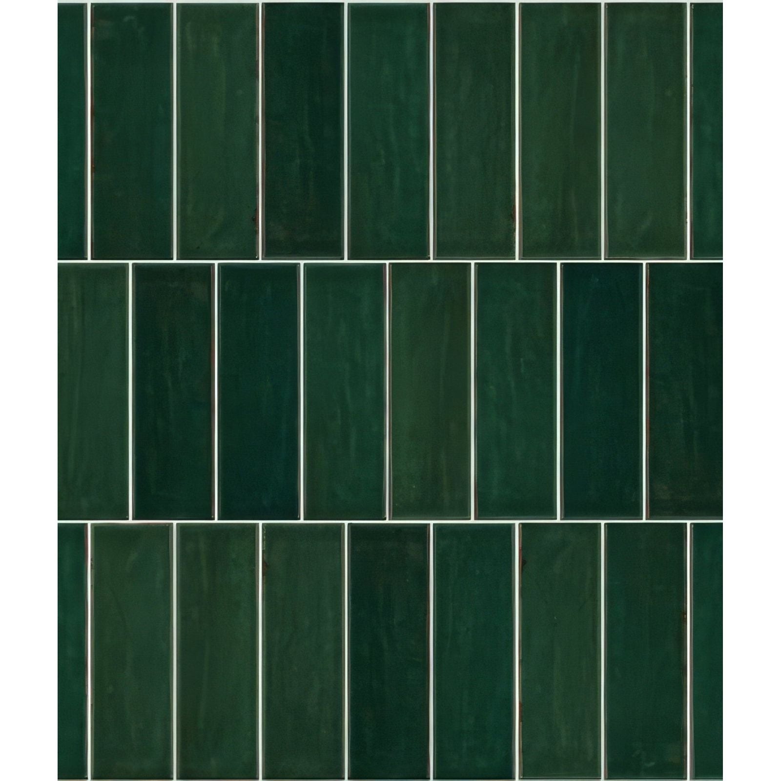 Dark green rectangular porcelain gloss green tiles arranged vertically with thin white grout lines for wall use