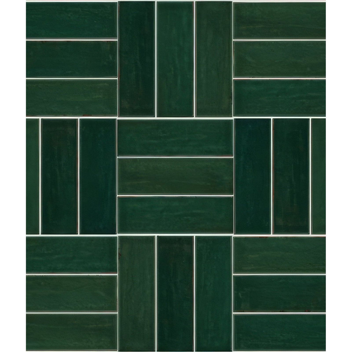 Dark green petite porcelain gloss green rectangular tiles arranged in a herringbone pattern with white grout lines